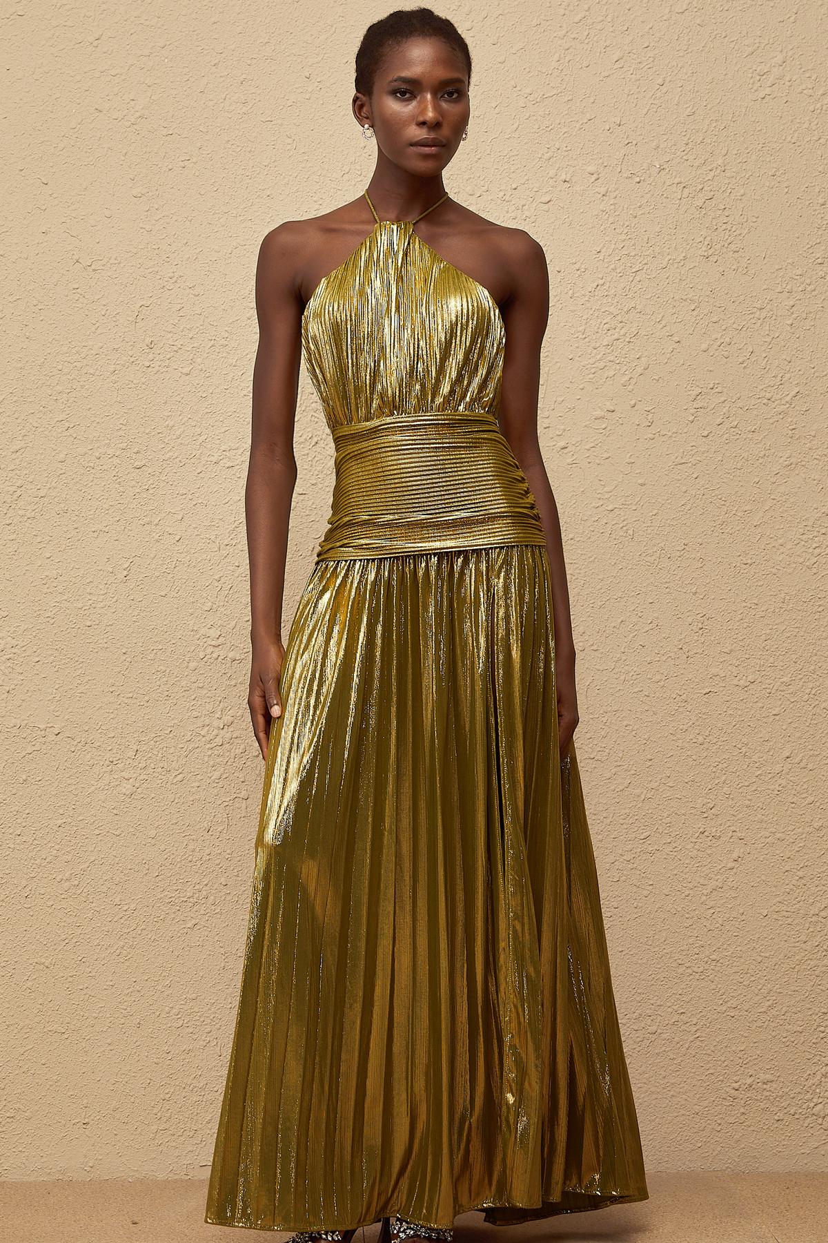Alchimie Green Glossy Pleated Maxi Dress