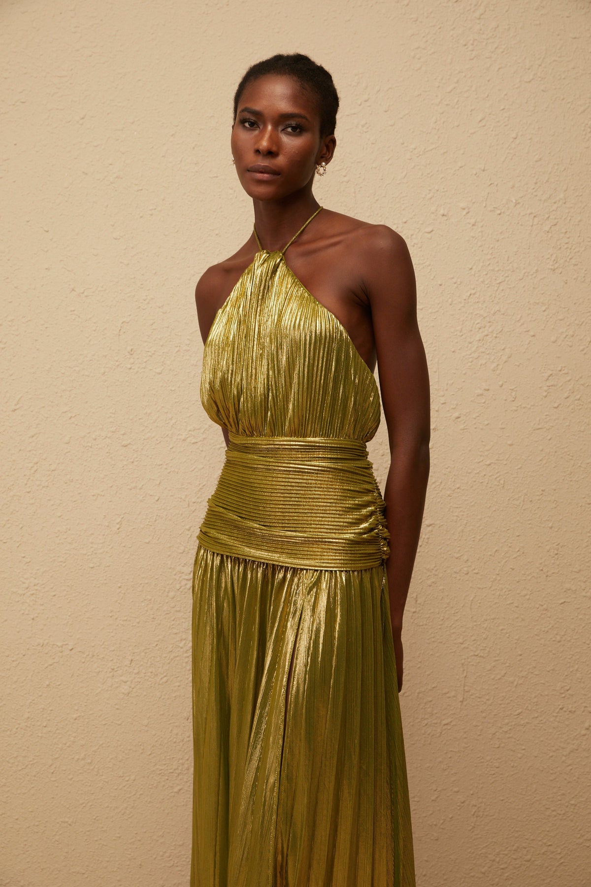 Alchimie Green Glossy Pleated Maxi Dress