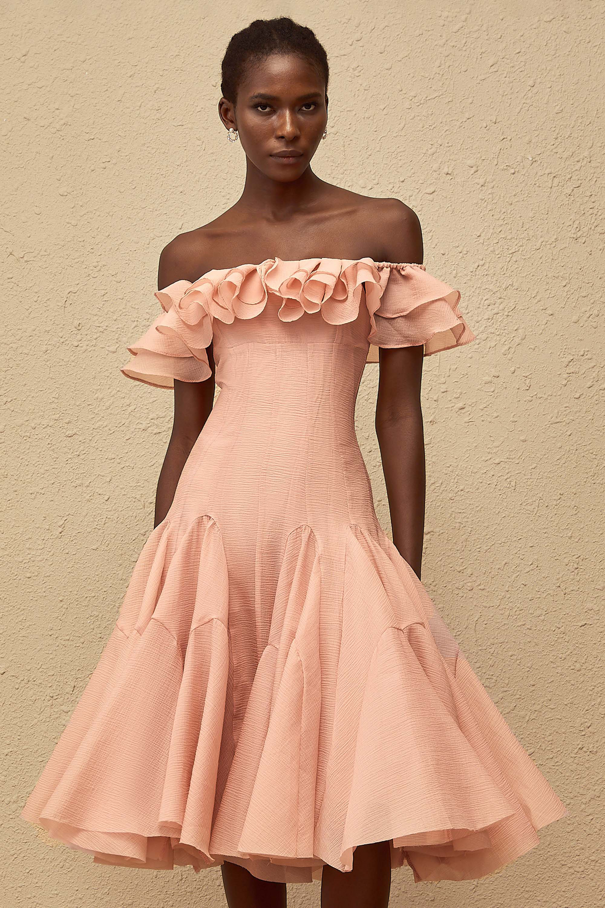 Margarita Pink Godet Ruffled Midi Dress