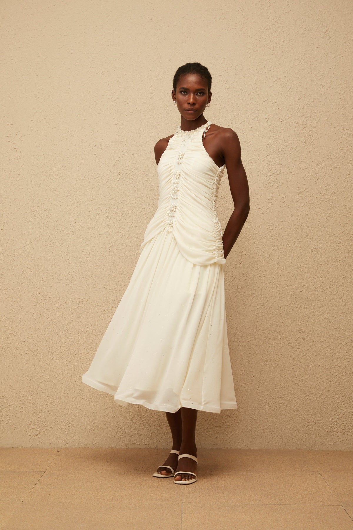 Martha White Faux Pearl Ruched Midi Dress (Final Sale)