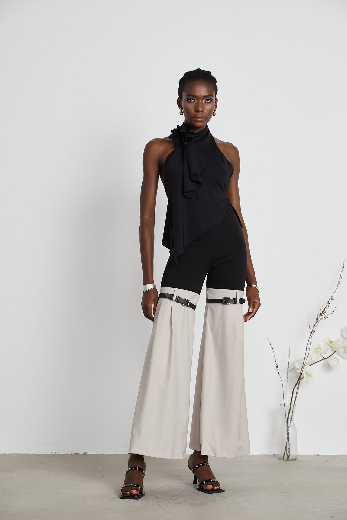 Aline floral-appliqué backless asymmetrical top