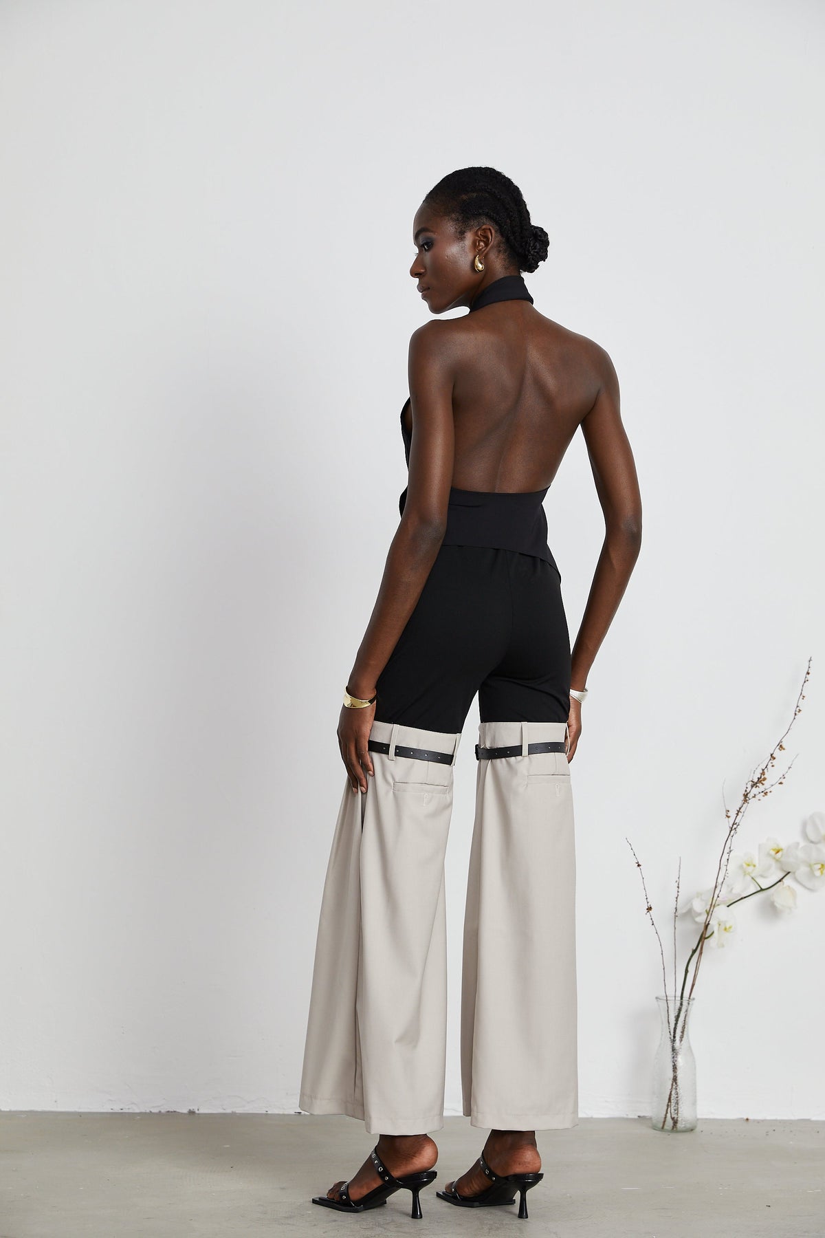 Aline floral-appliqué backless asymmetrical top