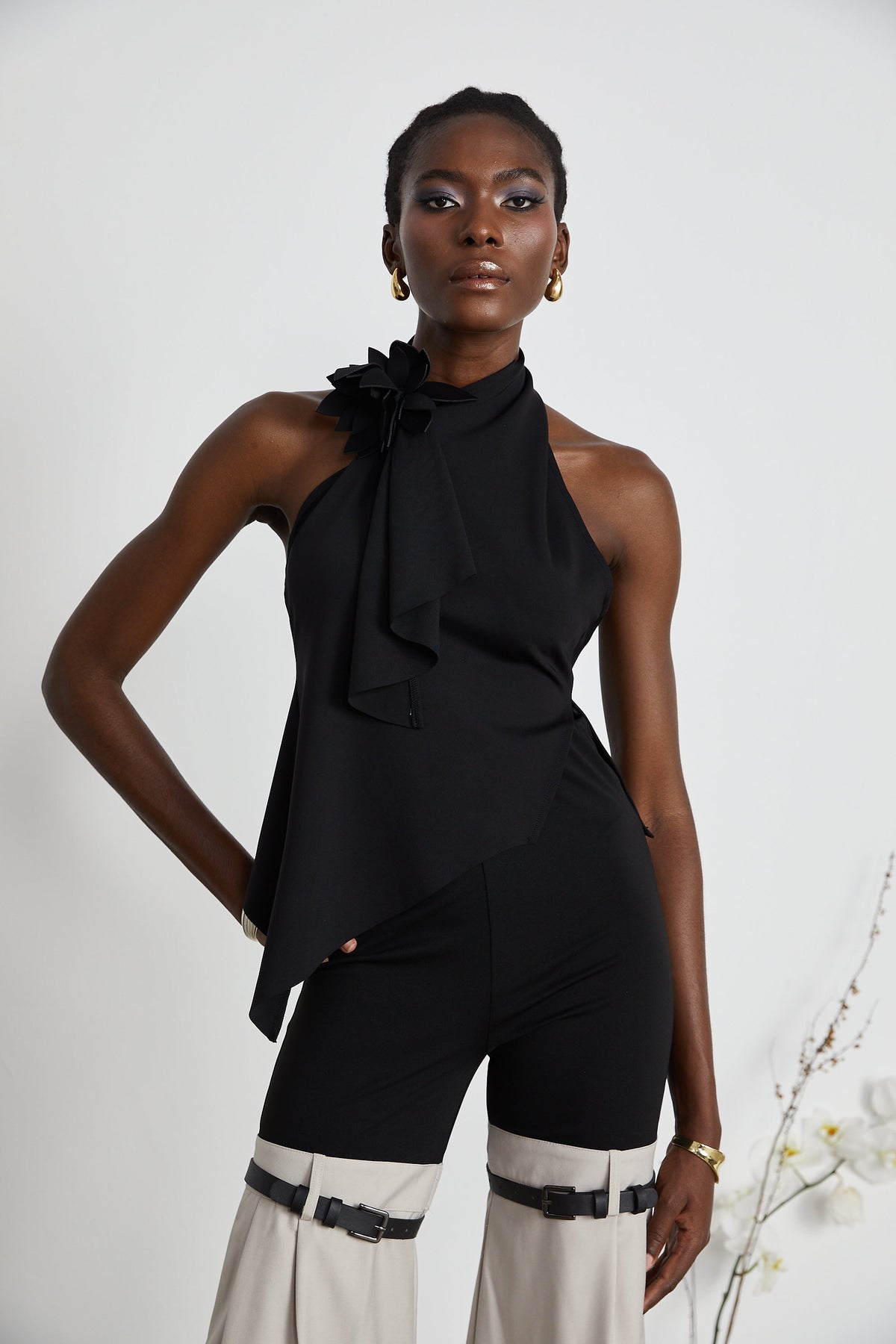 Aline floral-appliqué backless asymmetrical top