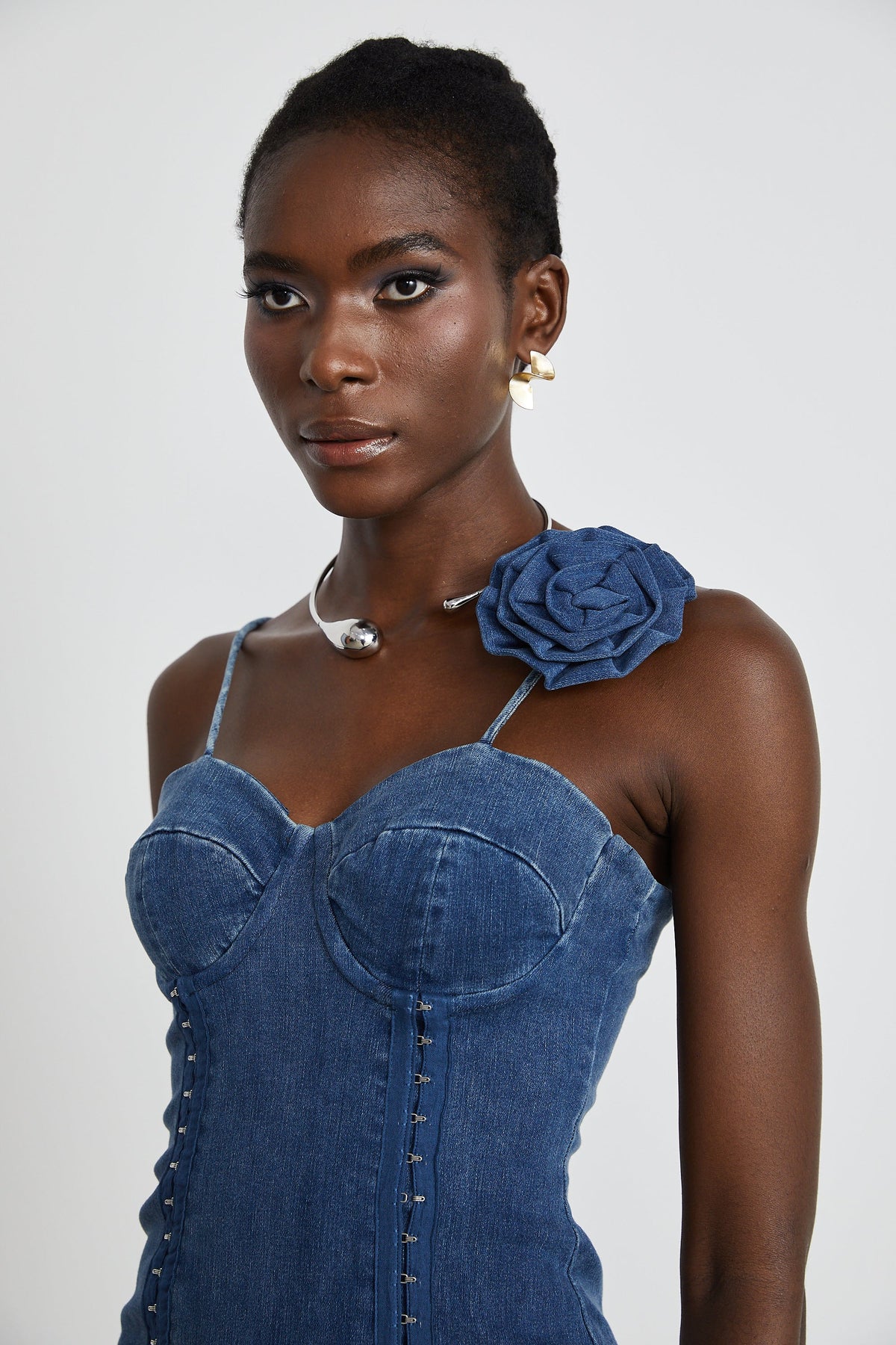 Yvette floral-appliqué denim mini dress