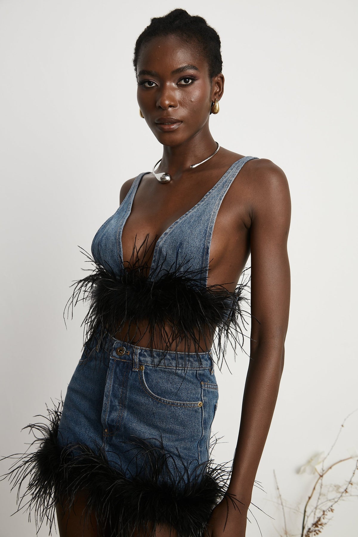 Milia feather denim top & skirt matching set