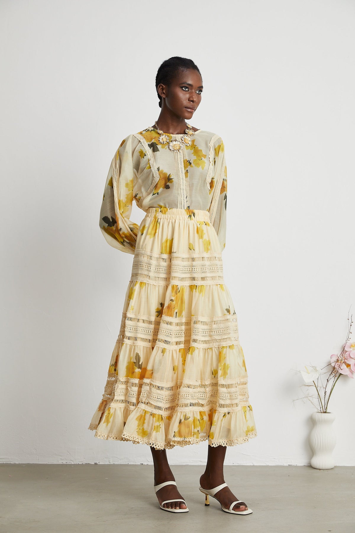 Éva yellow floral-print blouse & skirt matching set (Final Sale-US Only)
