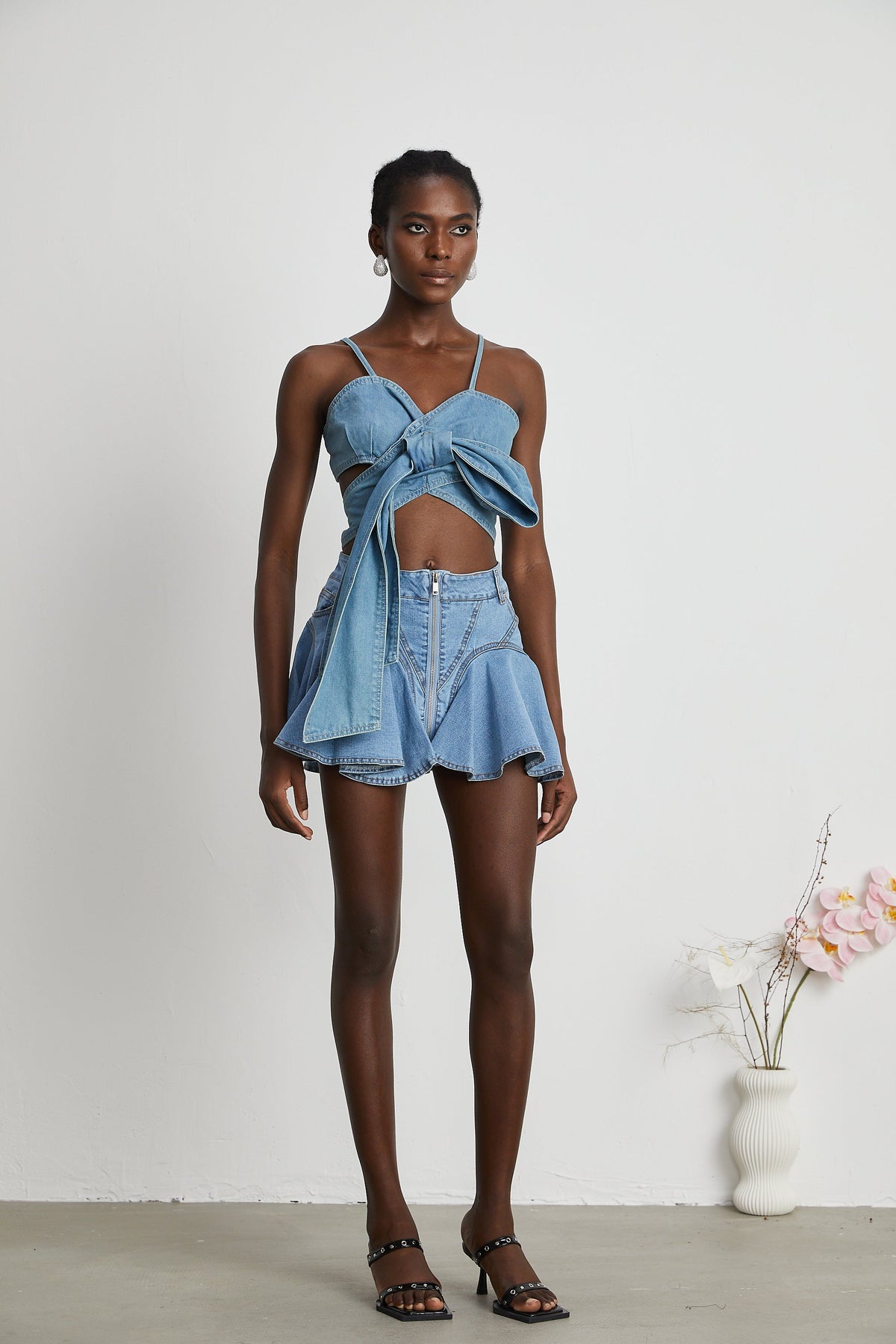 Aurélie bow-detail denim top