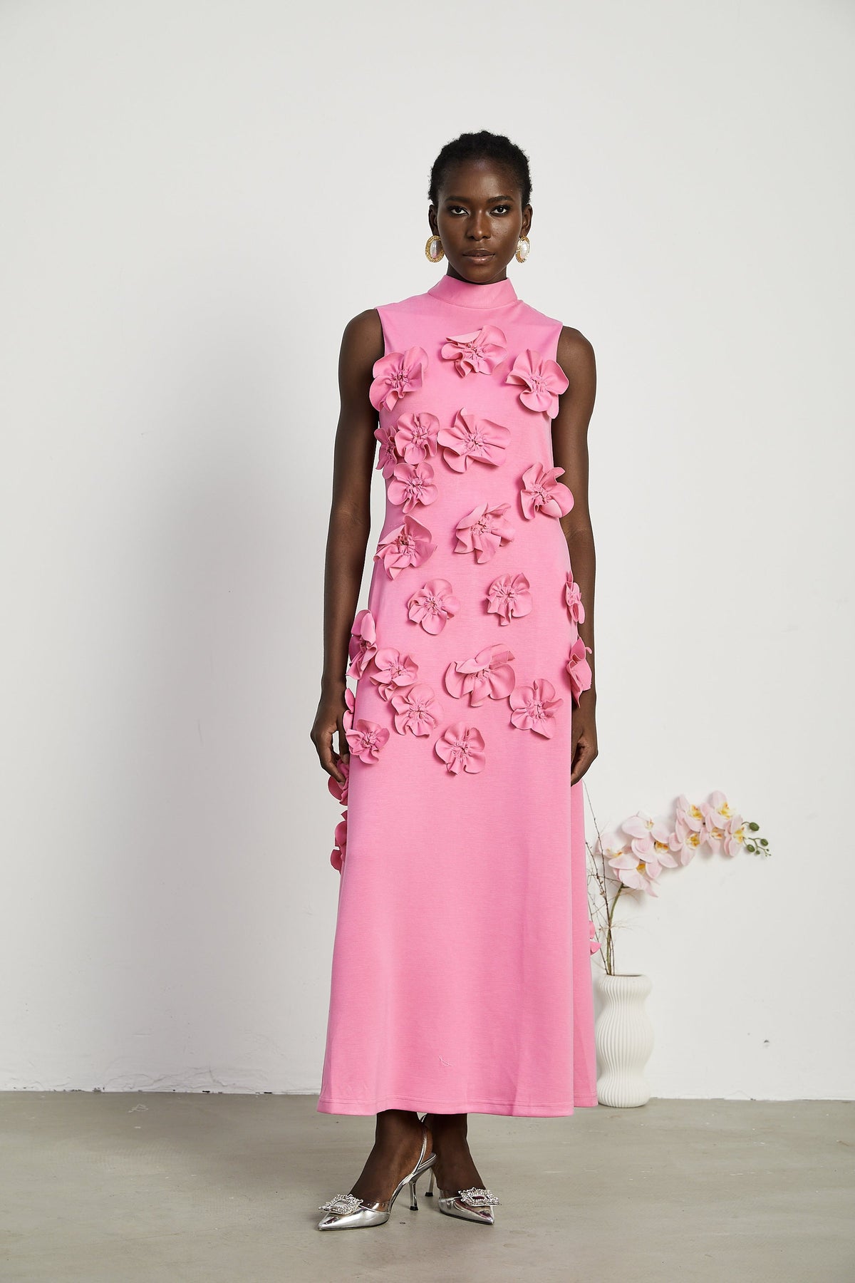 Magali Pink Sleeveless Maxi Dress with Faux Flower & Bow-Tie Embellishment (Final Sale-US Only)