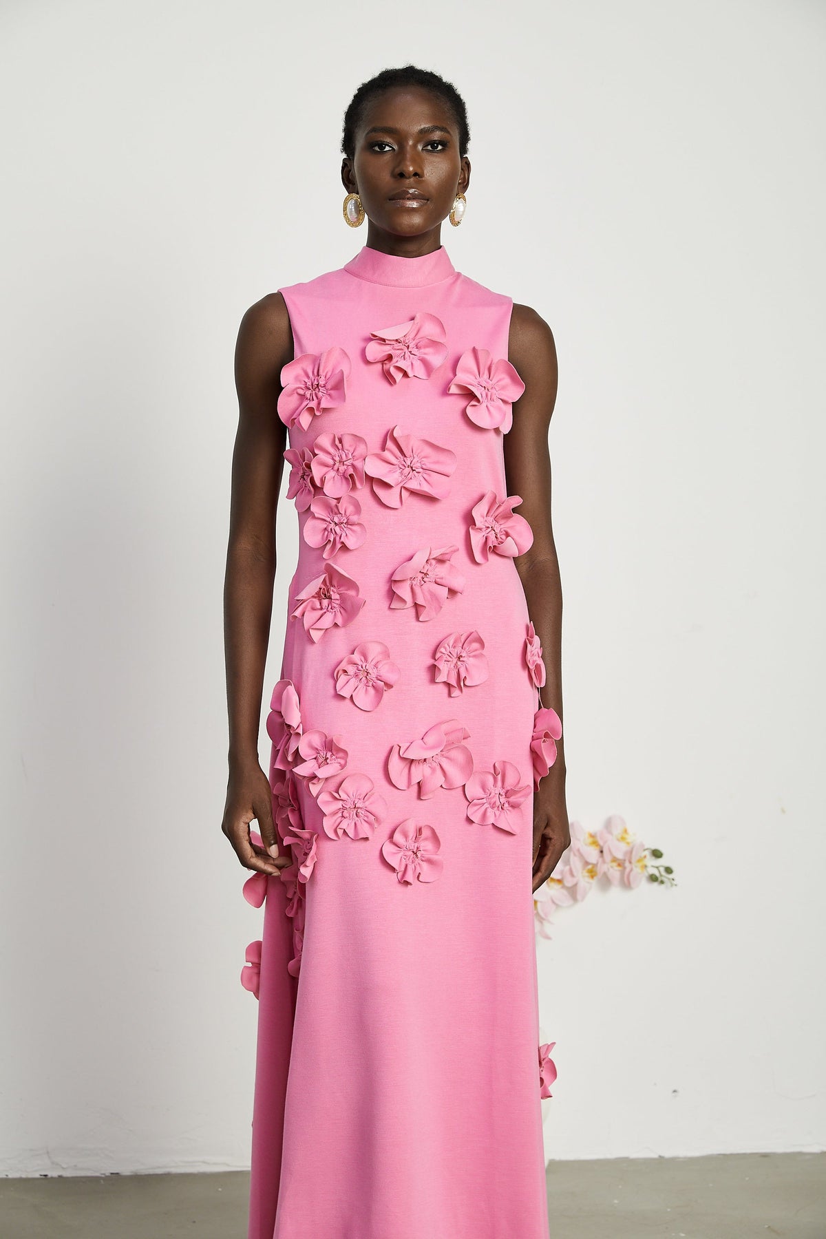 Magali Pink Sleeveless Maxi Dress with Faux Flower & Bow-Tie Embellishment (Final Sale-US Only)