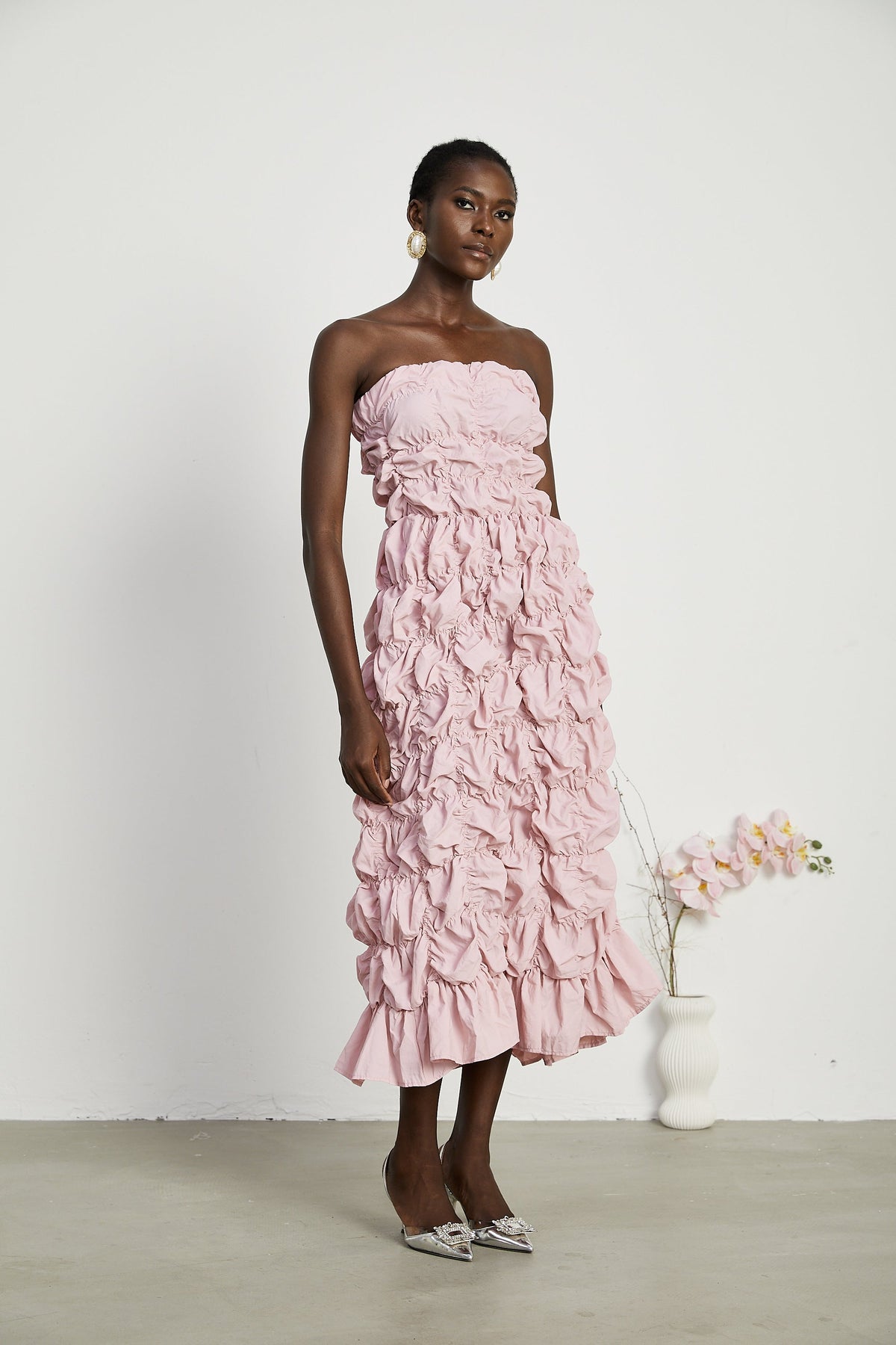 Aurore puffed pleated midi dress - Pink