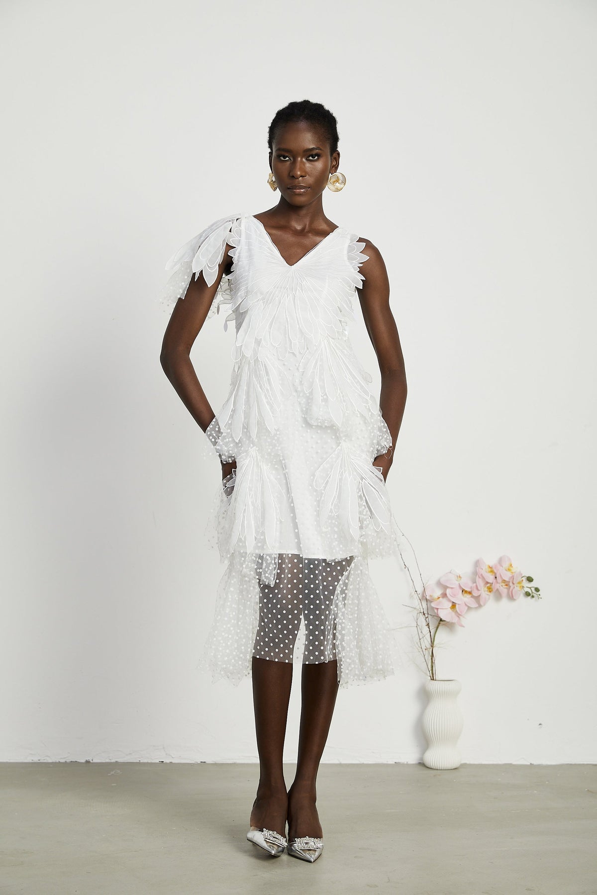 Solène faux-feather pleated midi dress