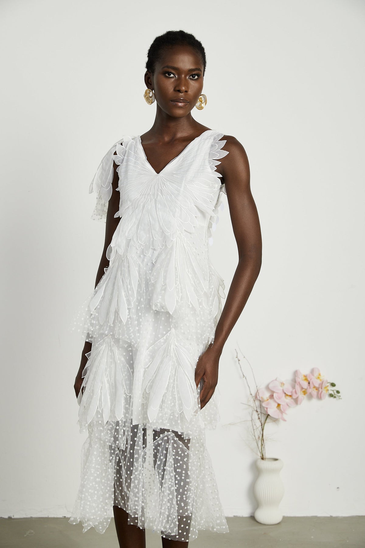 Solène faux-feather pleated midi dress