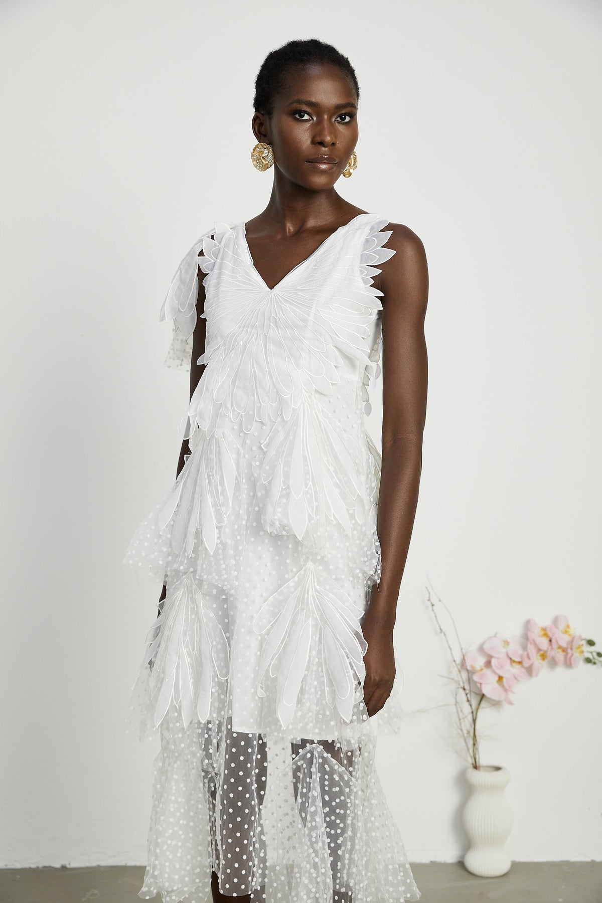 Solène faux-feather pleated midi dress