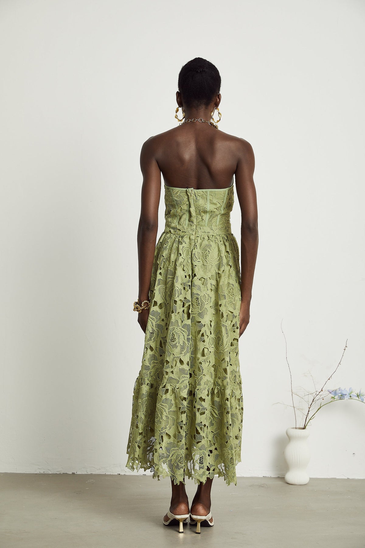 Inès lace floral embroidered cut-out midi dress