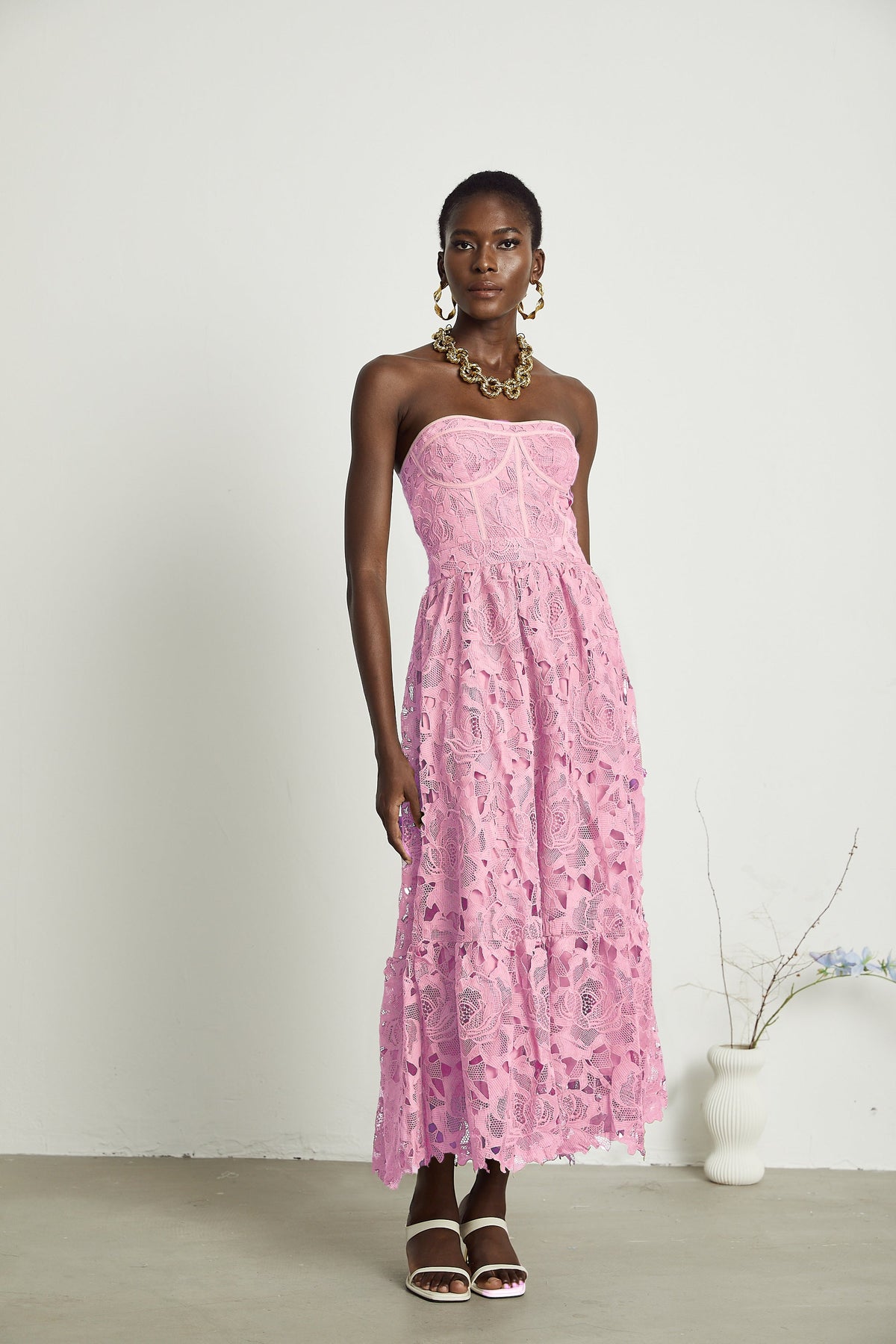 Inès lace floral embroidered cut-out midi dress in Pink