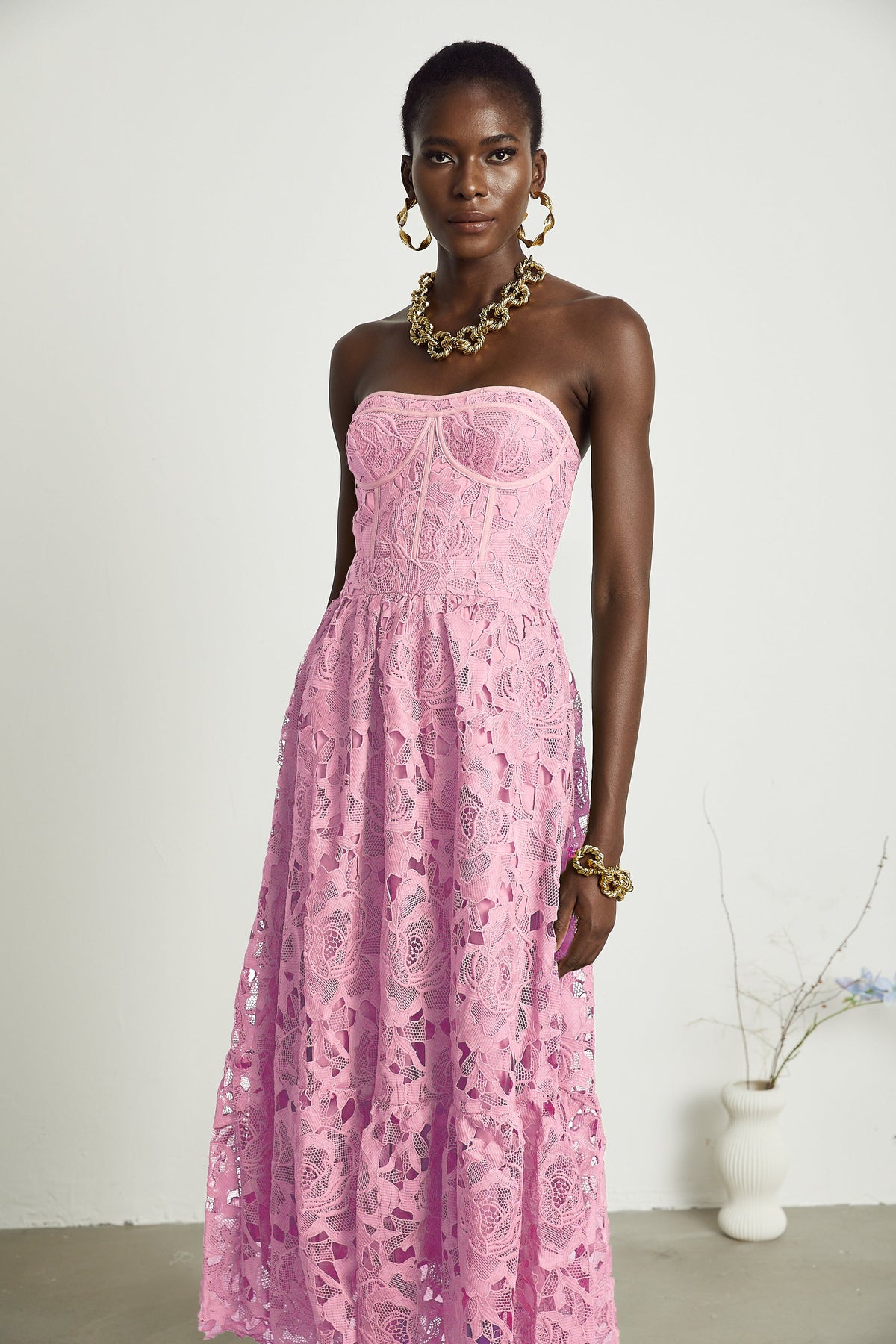 Inès lace floral embroidered cut-out midi dress in Pink