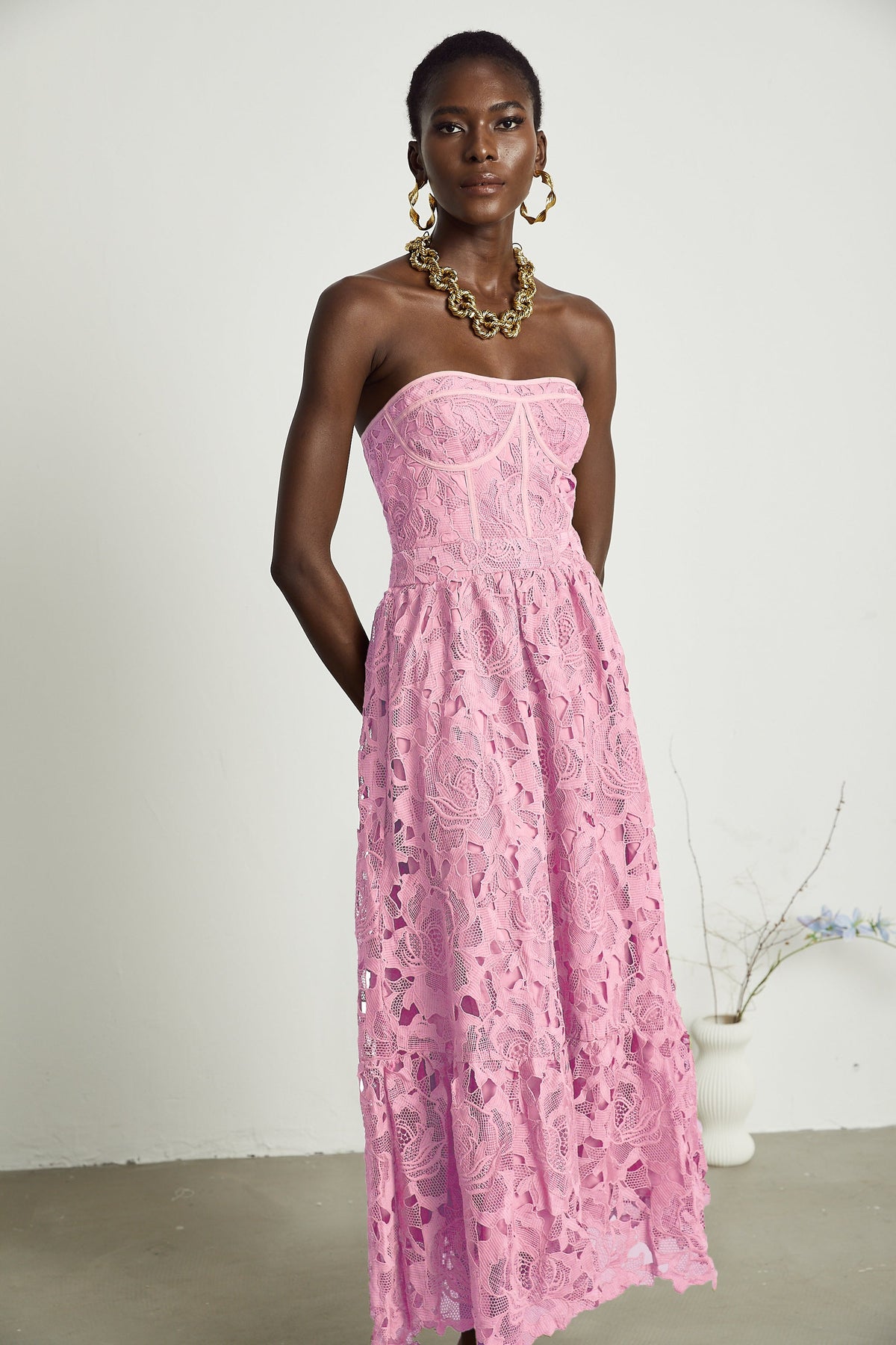 Inès lace floral embroidered cut-out midi dress in Pink