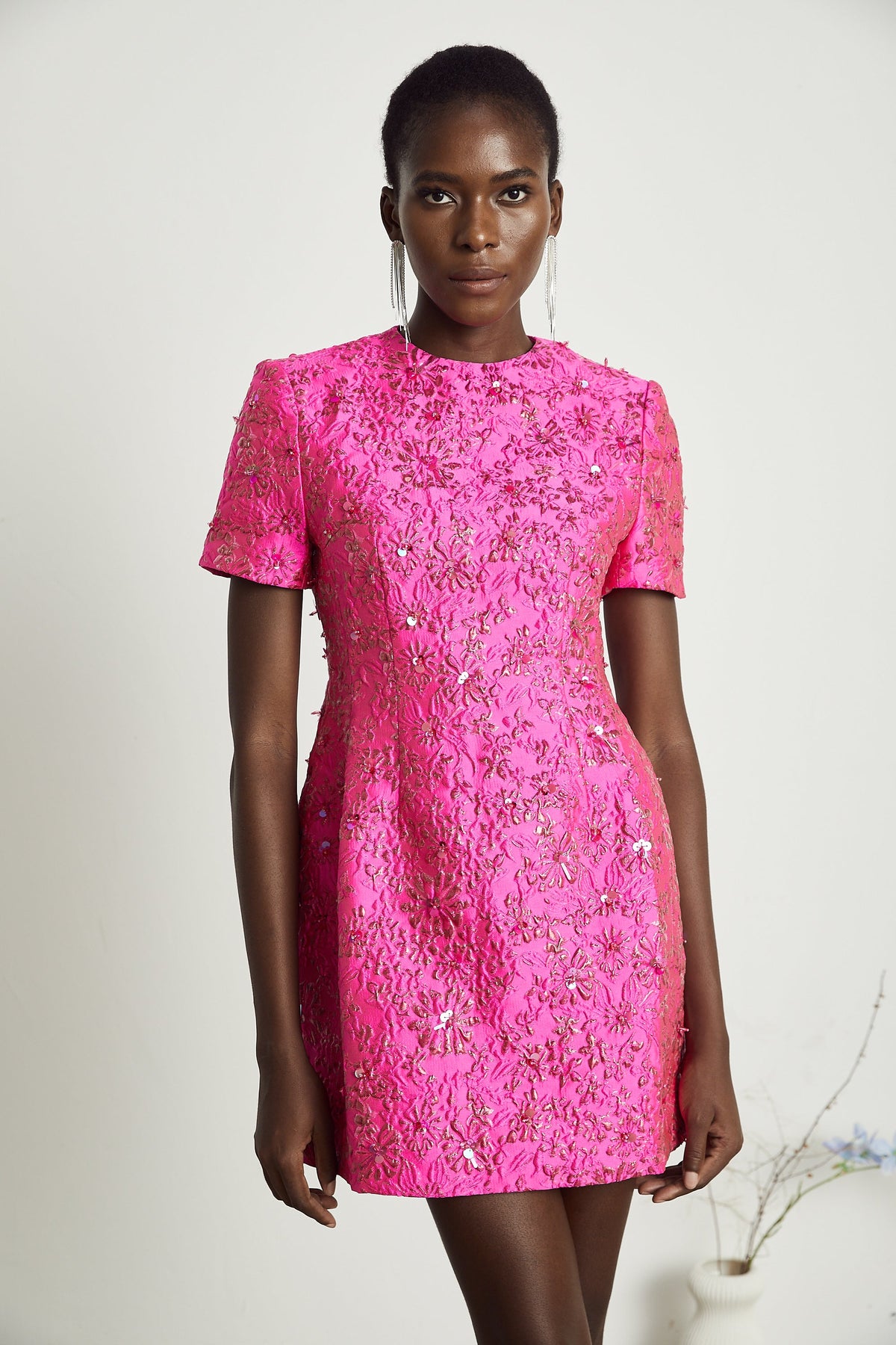 Celestia Floral-Appliqué Embellished Mini Dress in Pink