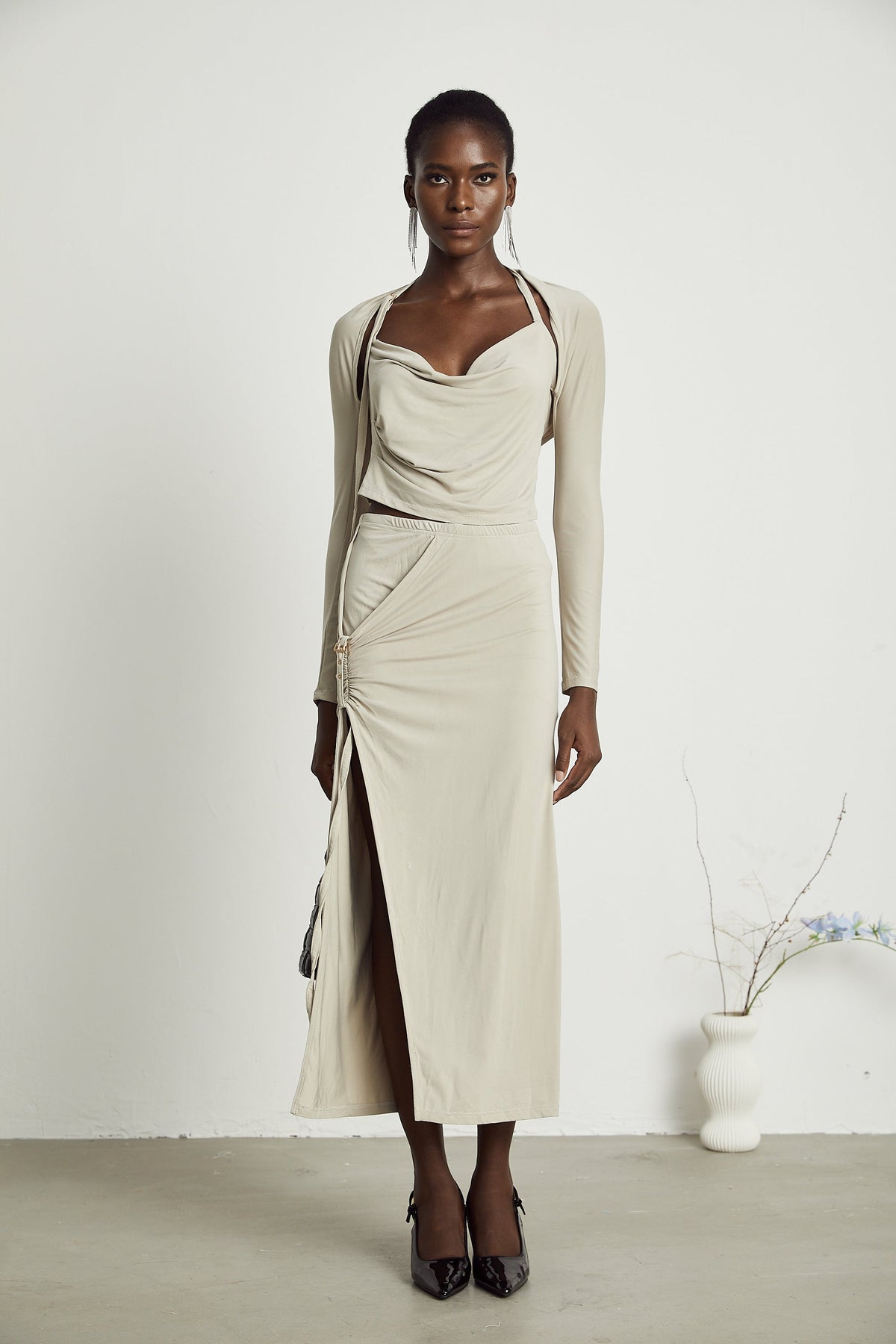 Lanetta khaki jersey top & skirt matching set