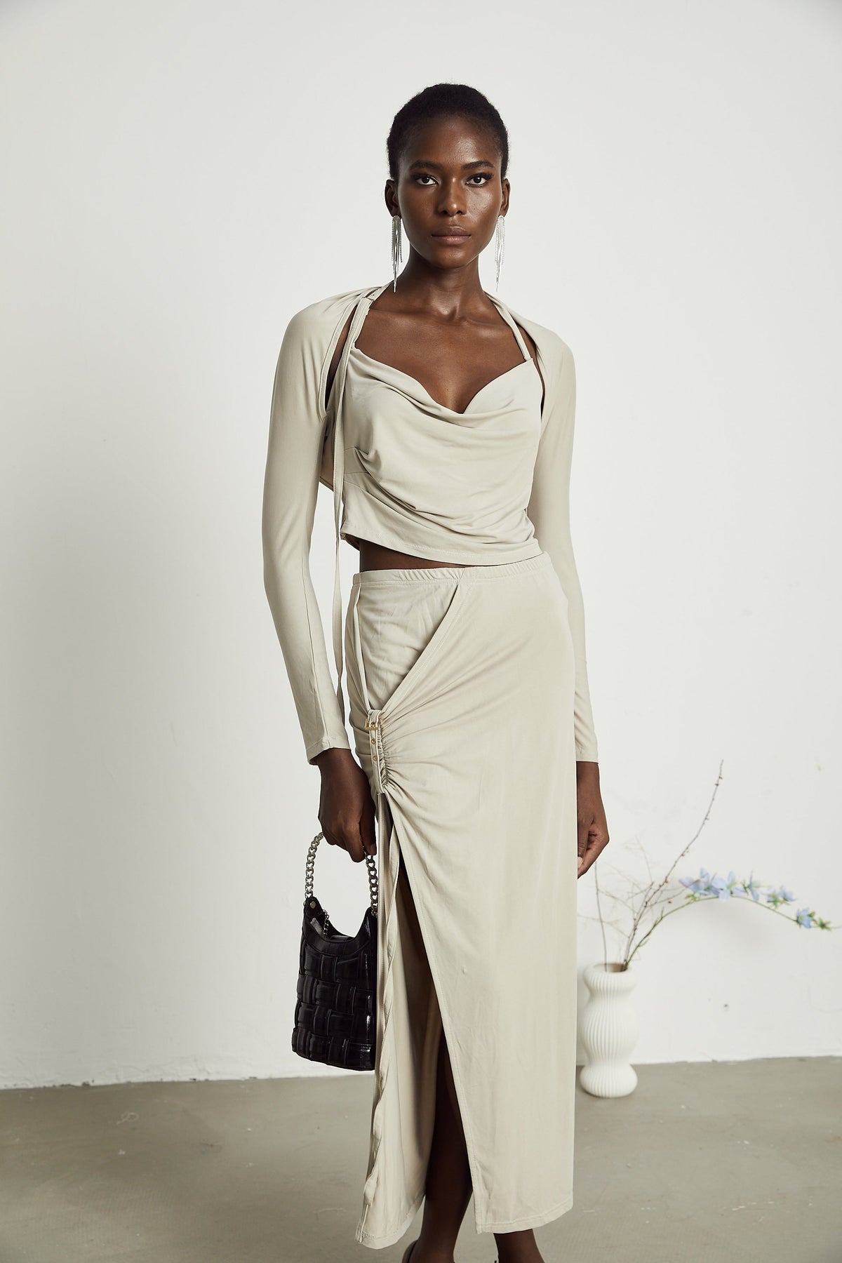 Lanetta khaki jersey top & skirt matching set