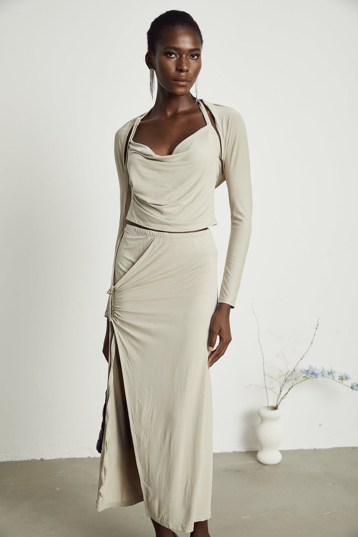 Lanetta khaki jersey top & skirt matching set