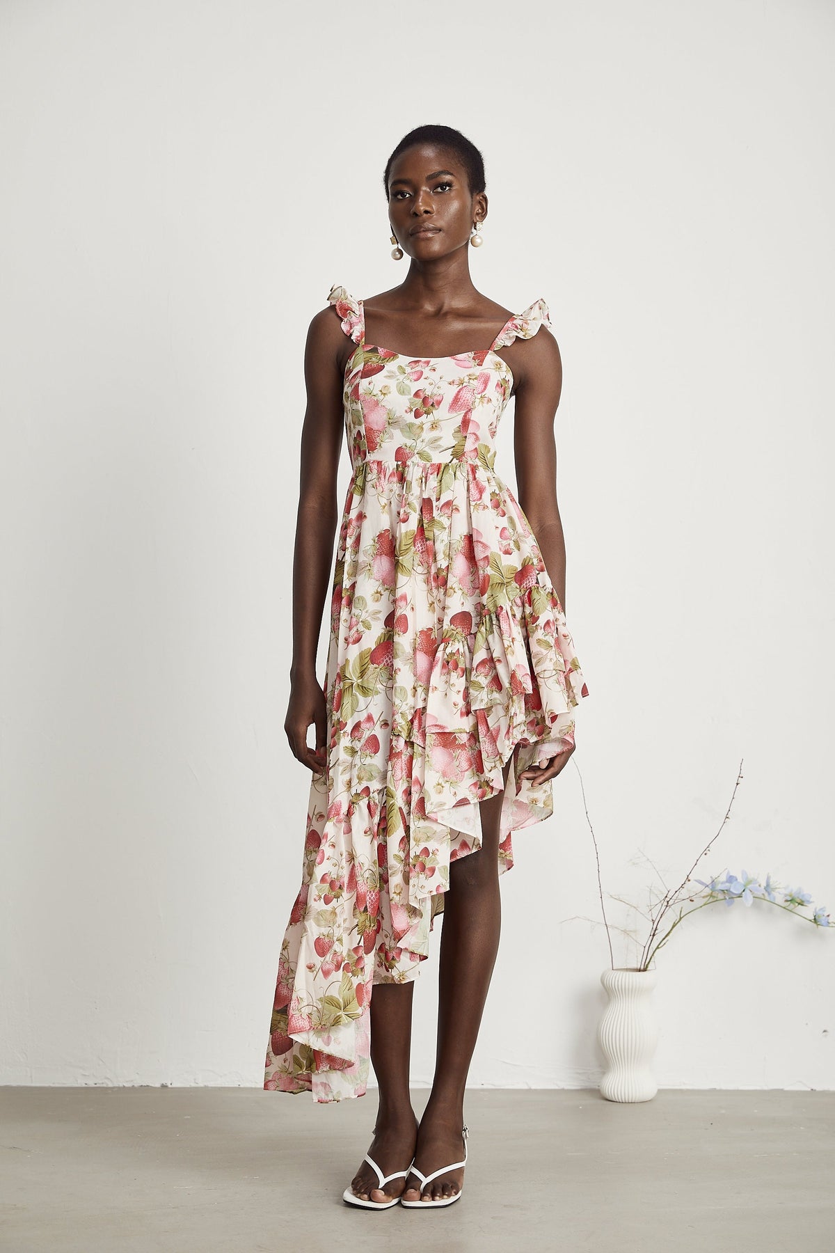 Vivien strawberry-print asymmetrical midi dress
