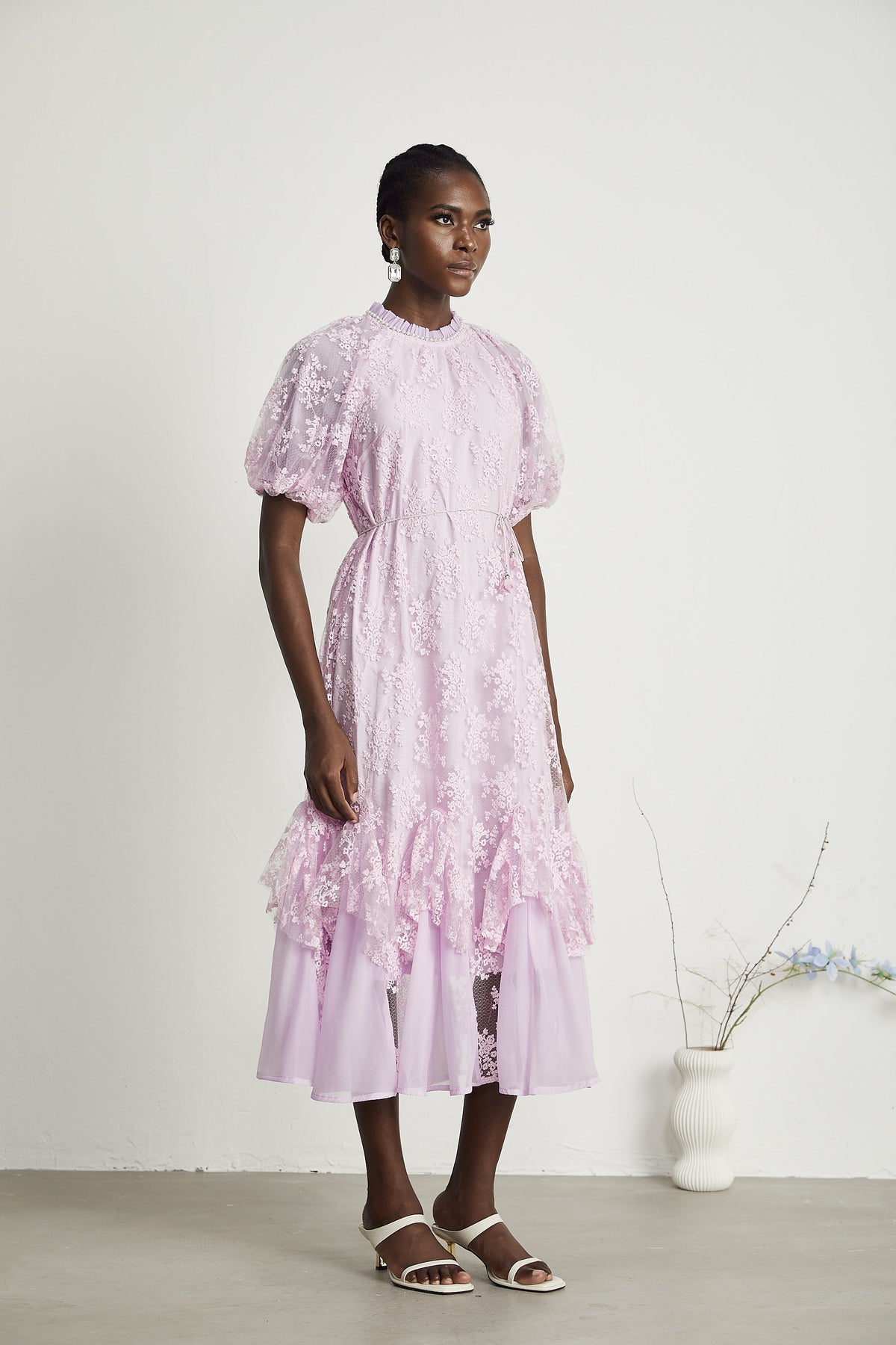 Coralie floral embroidered layered midi dress in Purple