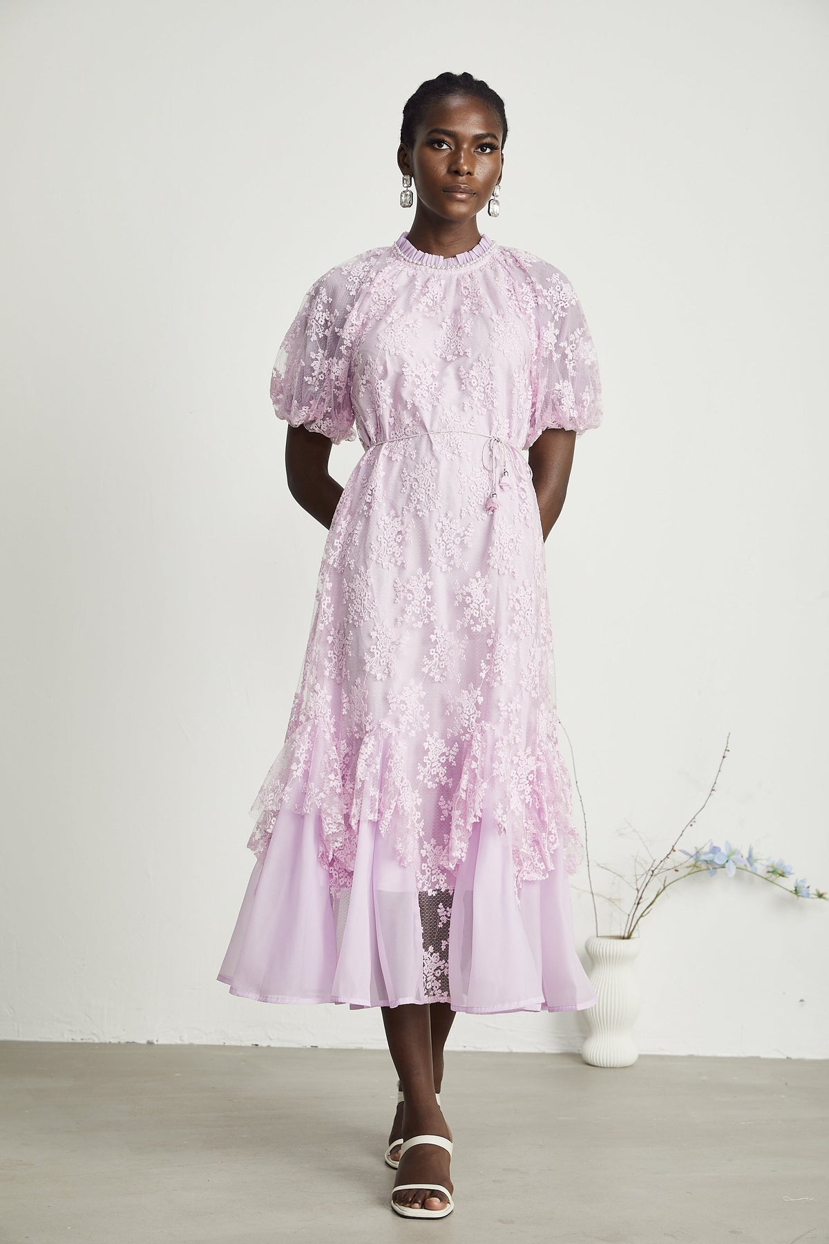 Coralie floral embroidered layered midi dress in Purple