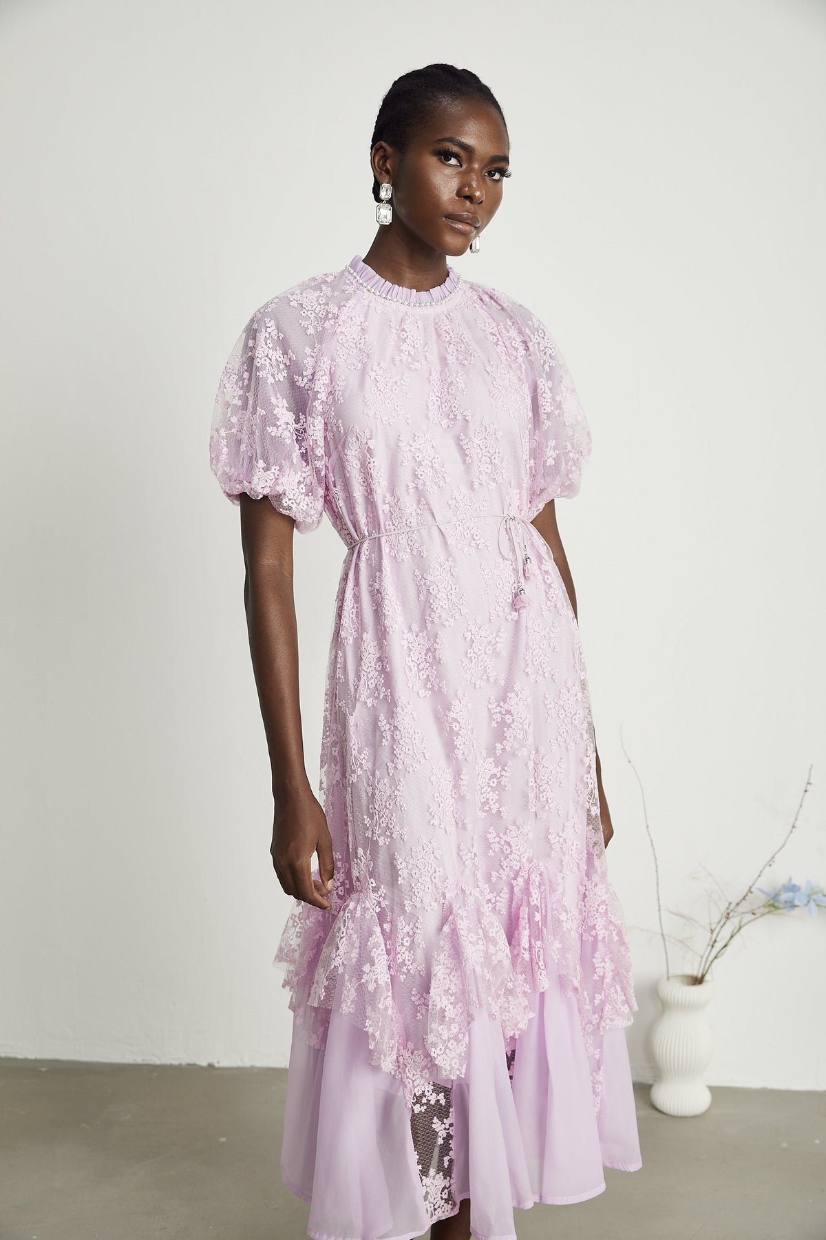 Coralie floral embroidered layered midi dress in Purple