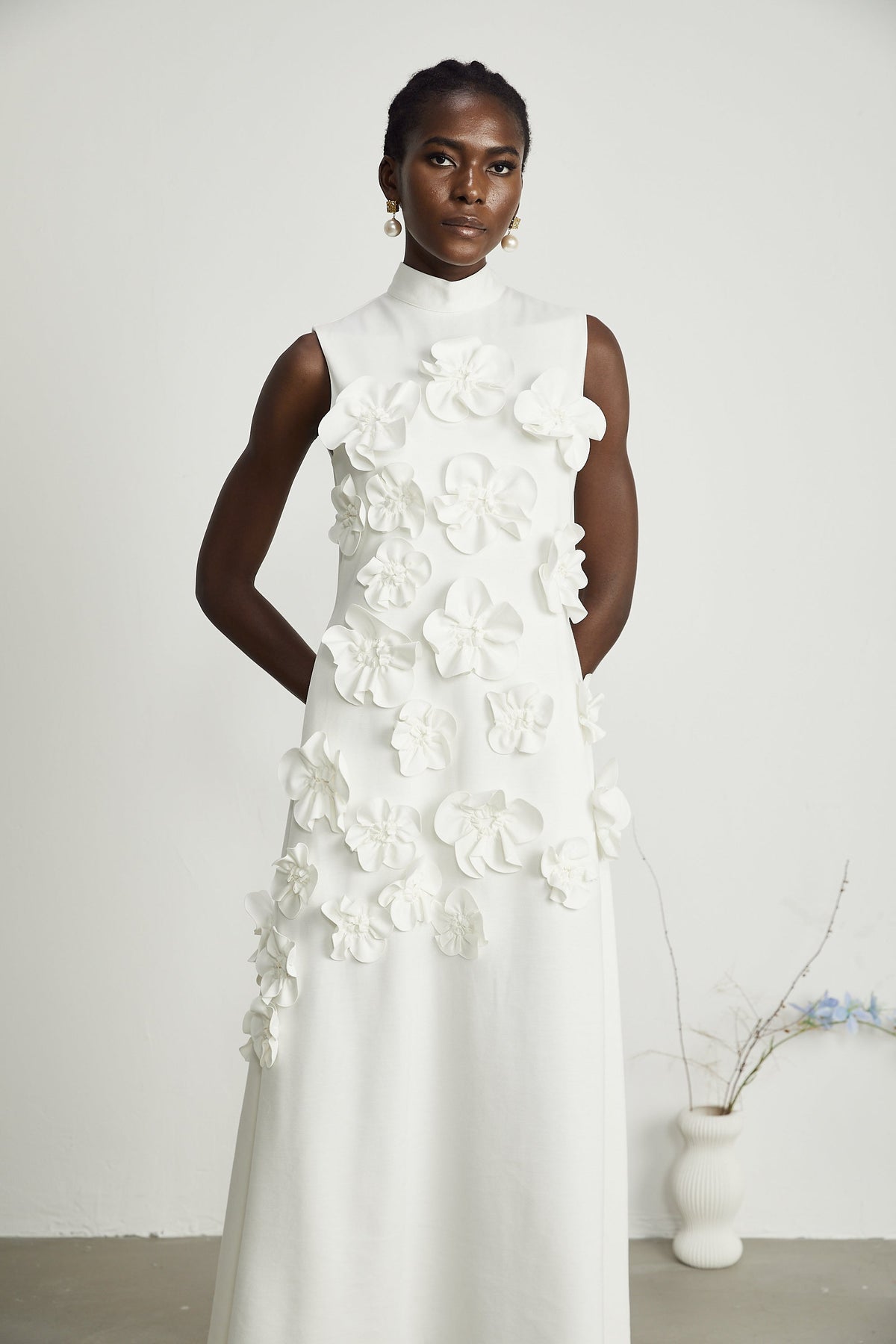 Magali White Sleeveless Maxi Dress with Faux Flower & Bow-Tie Embellishment (Final Sale-US Only)