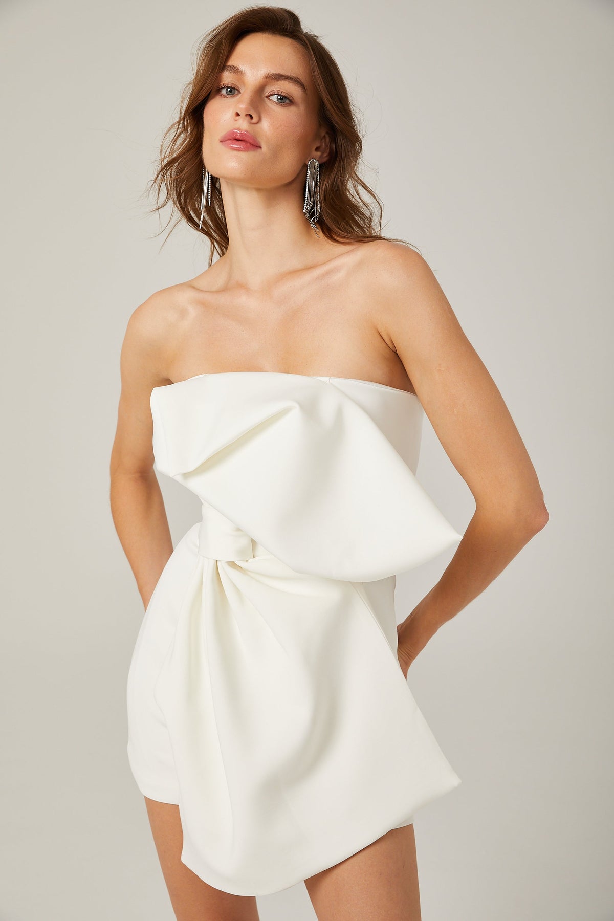 Charla white oversize-bow asymmetrical mini dress