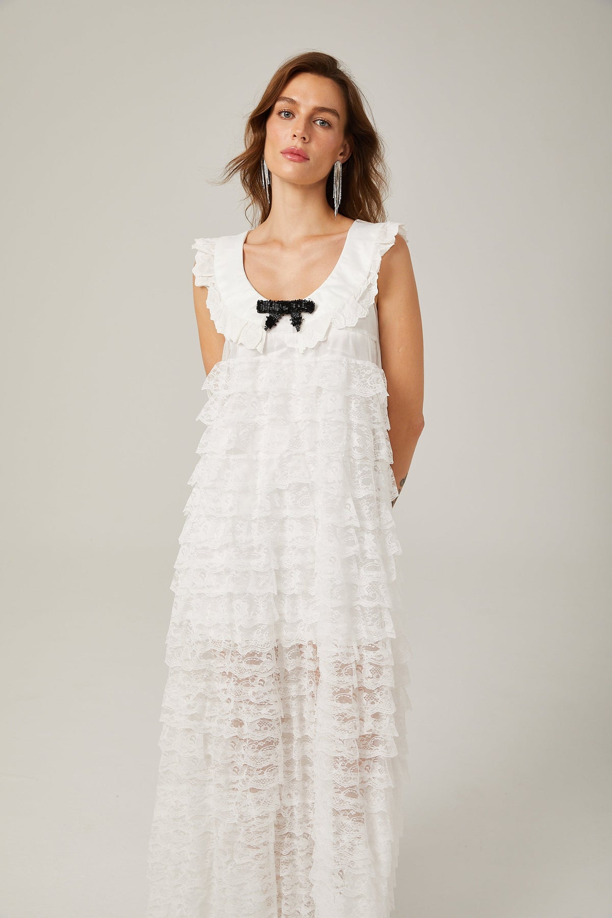 Alora white lace-trim tiered midi dress (Final Sale-US Only)