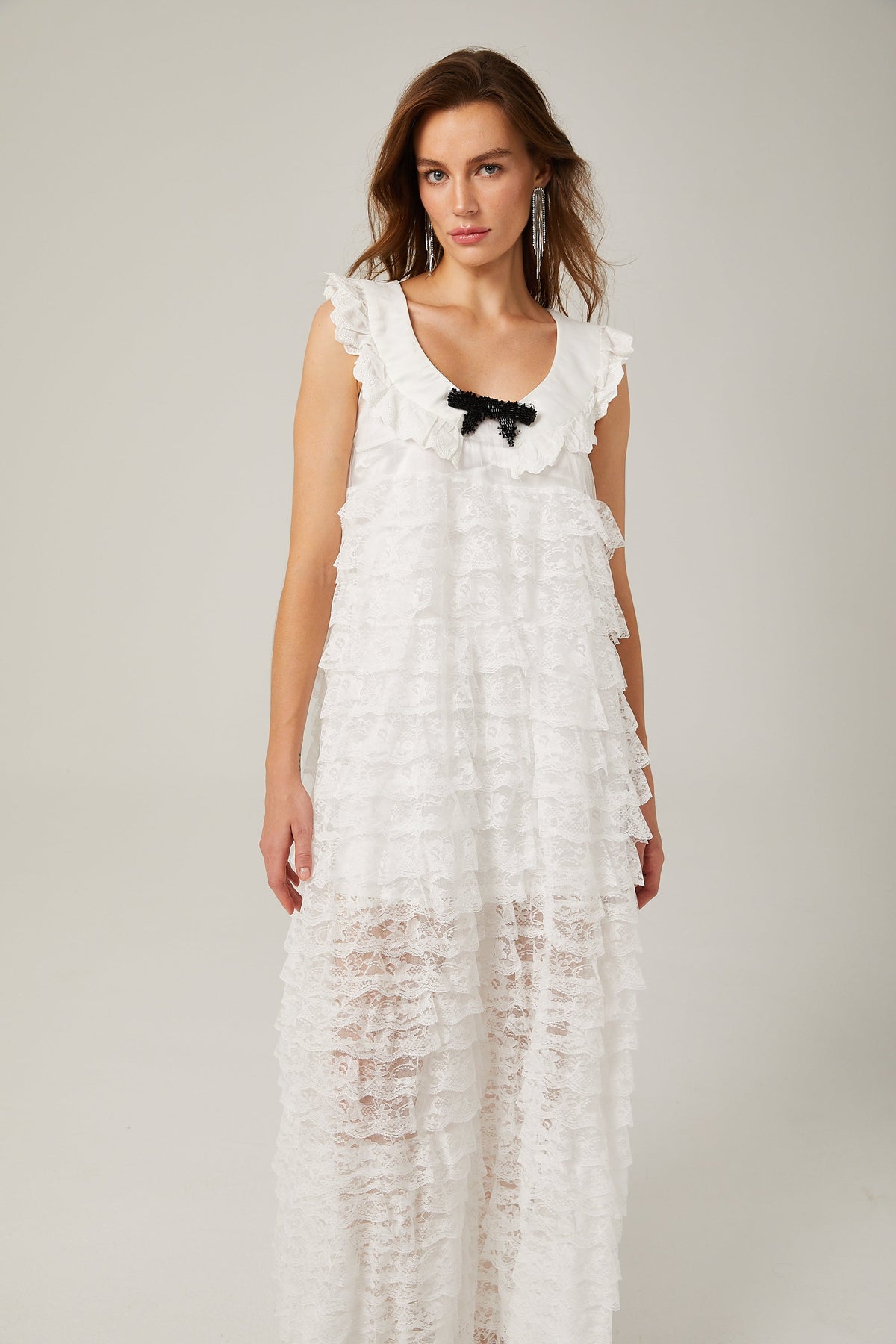 Alora white lace-trim tiered midi dress (Final Sale-US Only)