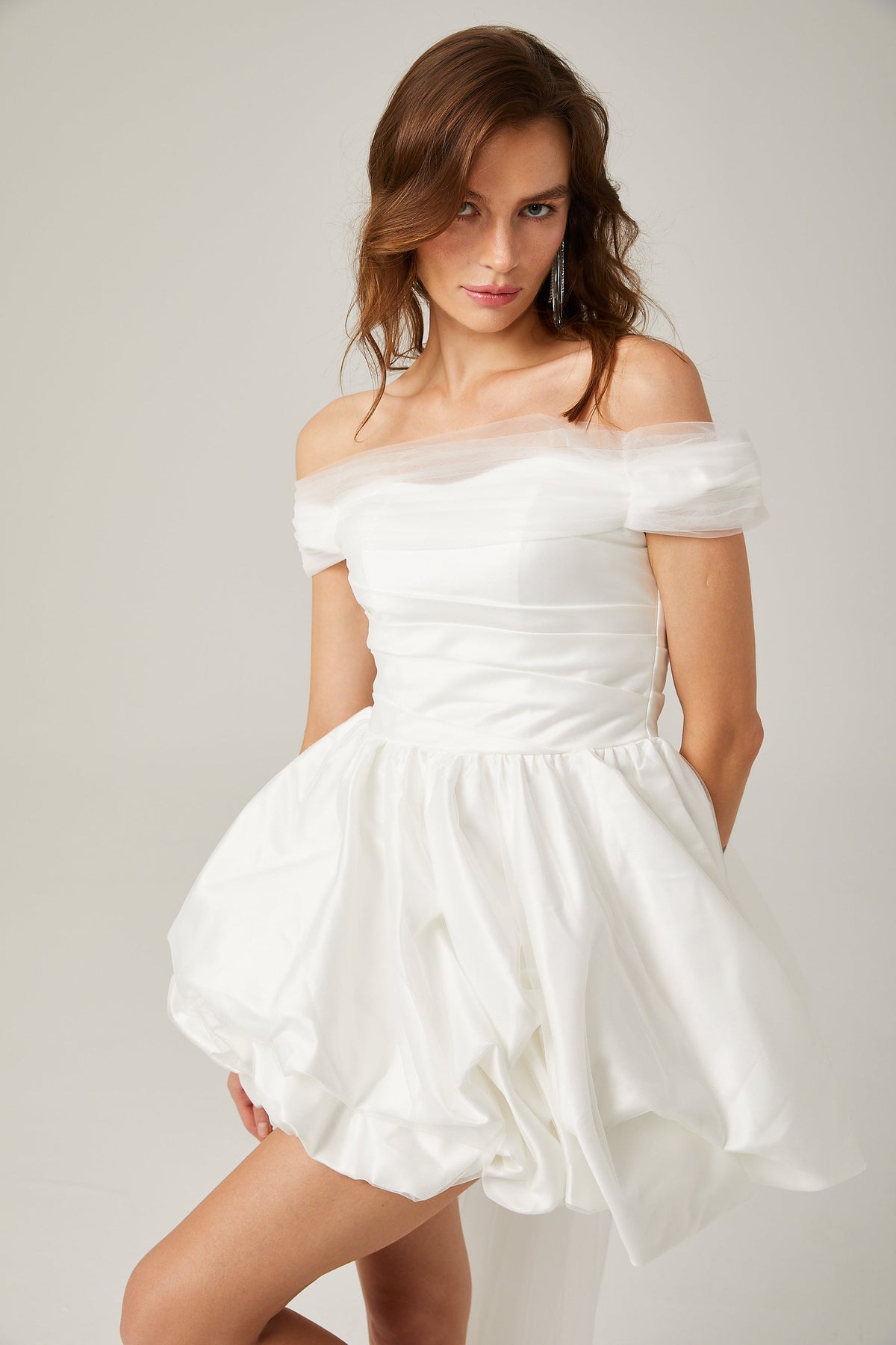 Aurore white off-shoulder bowknot mini dress (Final Sale)