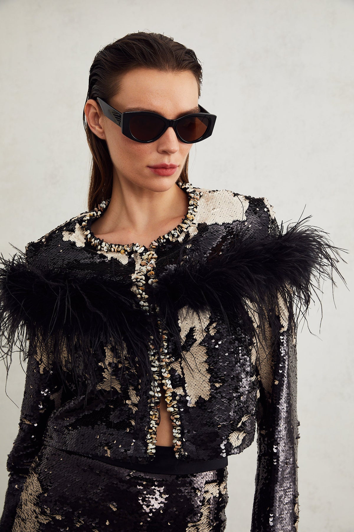 Magali feather-embellished sequin short jacket