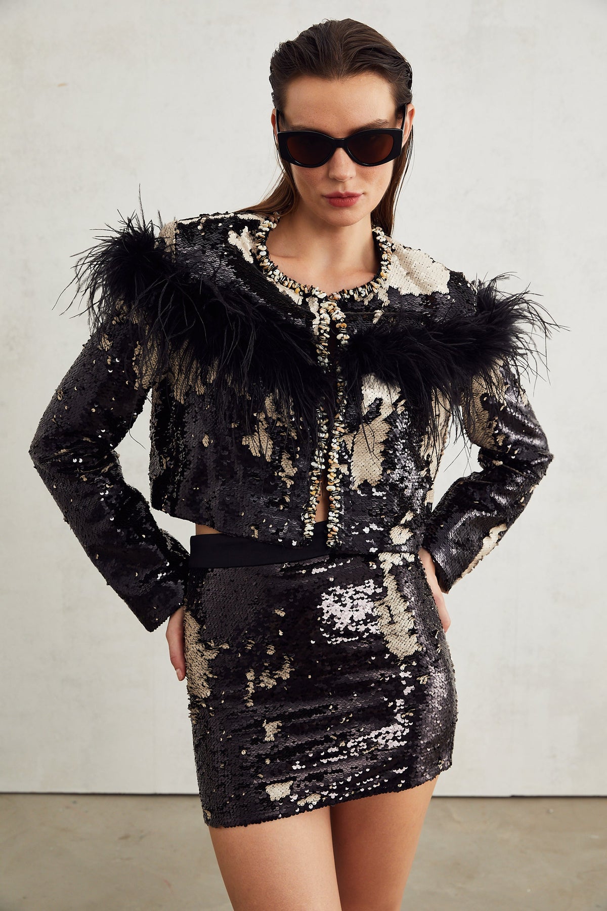 Magali feather-embellished sequin short jacket