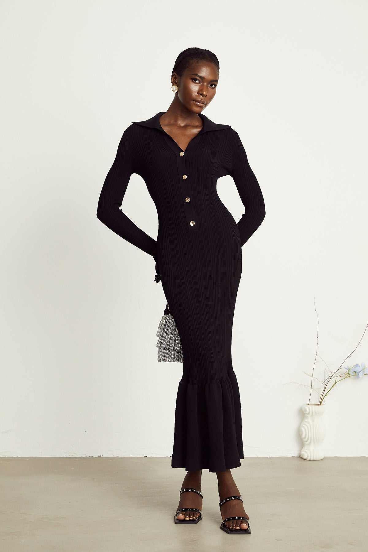 Priscille black ruffled midi dress (Final Sale-US Only)