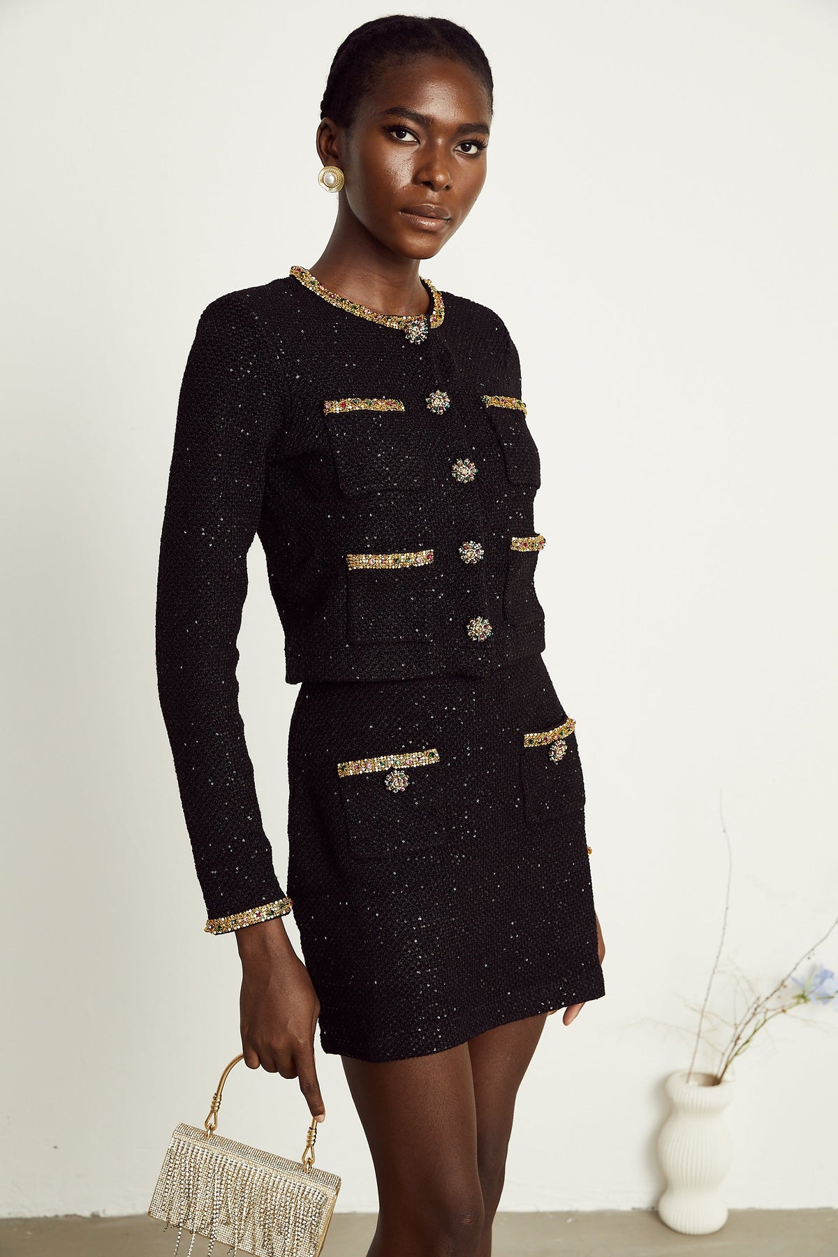 Ariane black sequined tweed jacket & skirt matching set (Final Sale-US Only)