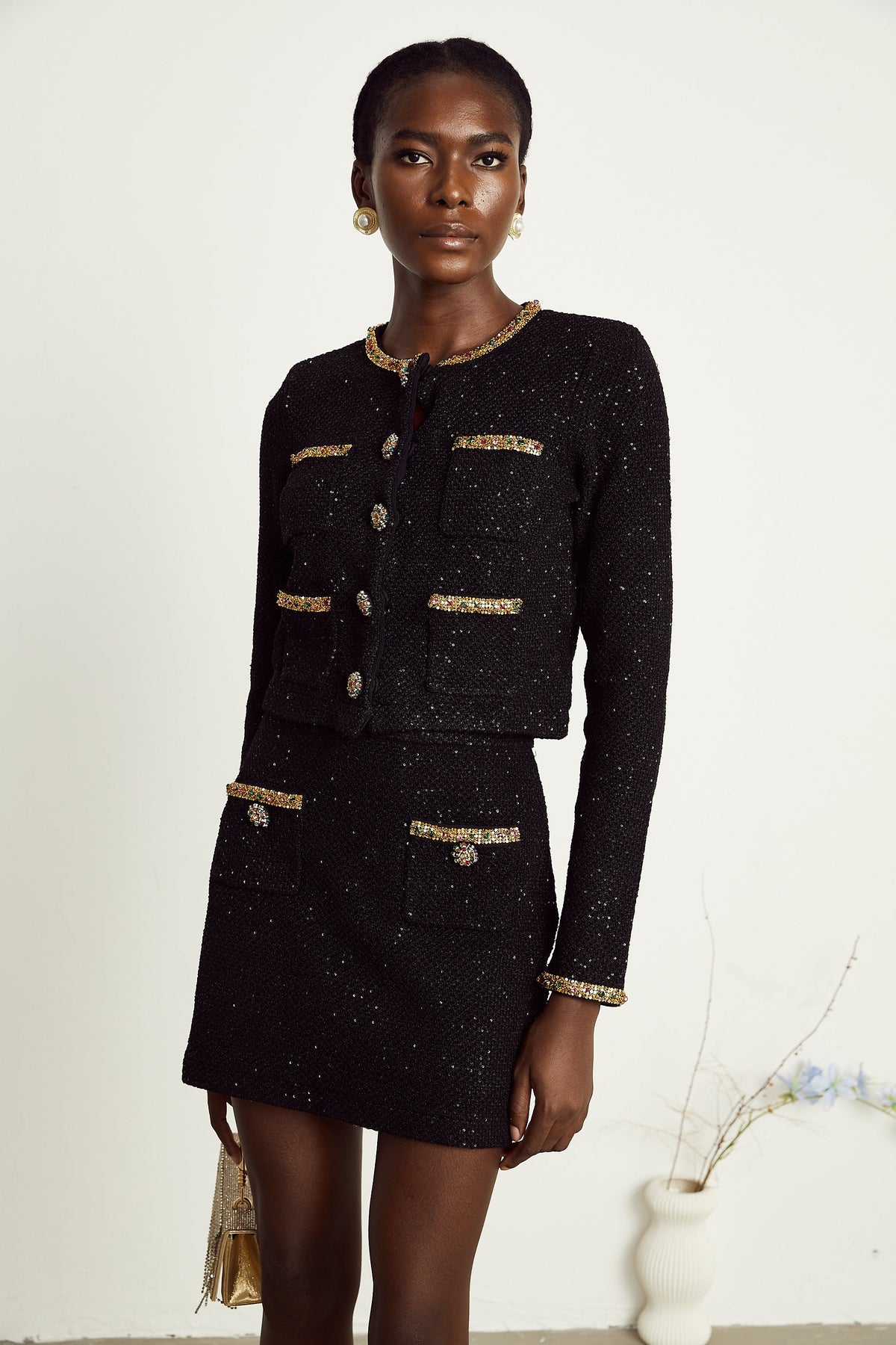 Ariane black sequined tweed jacket & skirt matching set (Final Sale-US Only)