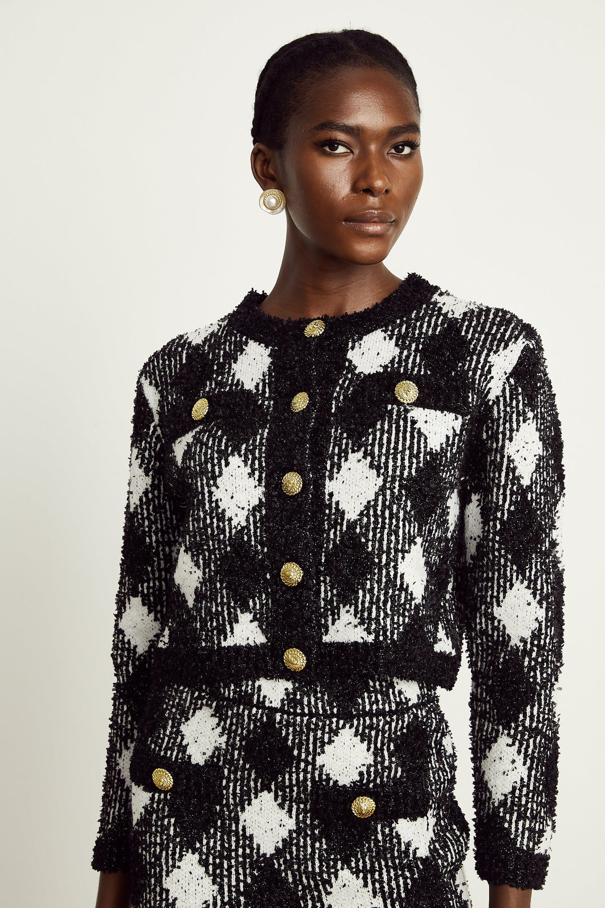 Cécile black argyle-check knit jacket & skirt matching set