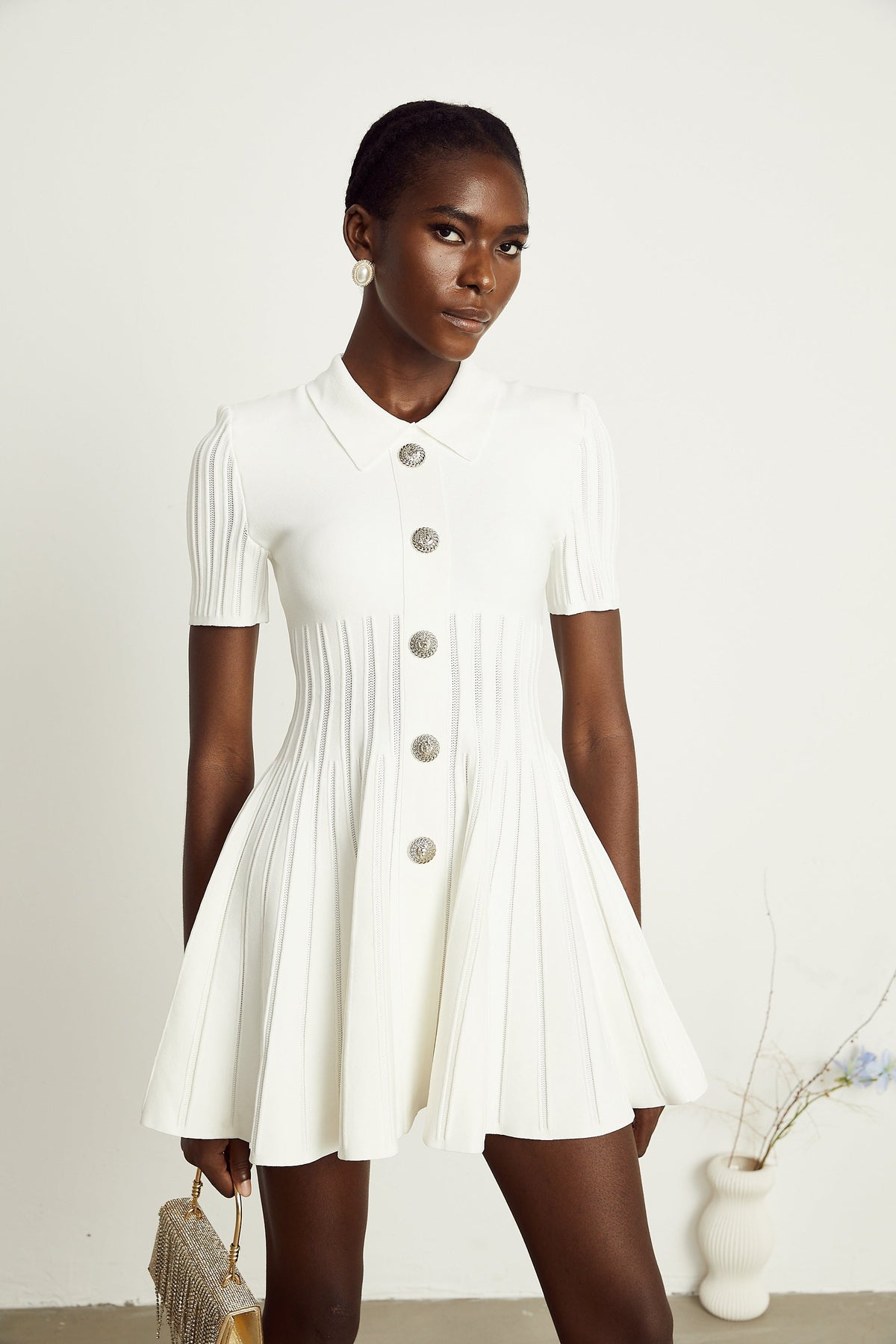 Émilie white flared ribbed mini dress