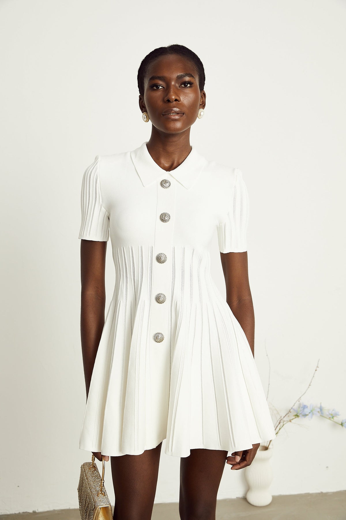 Émilie white flared ribbed mini dress