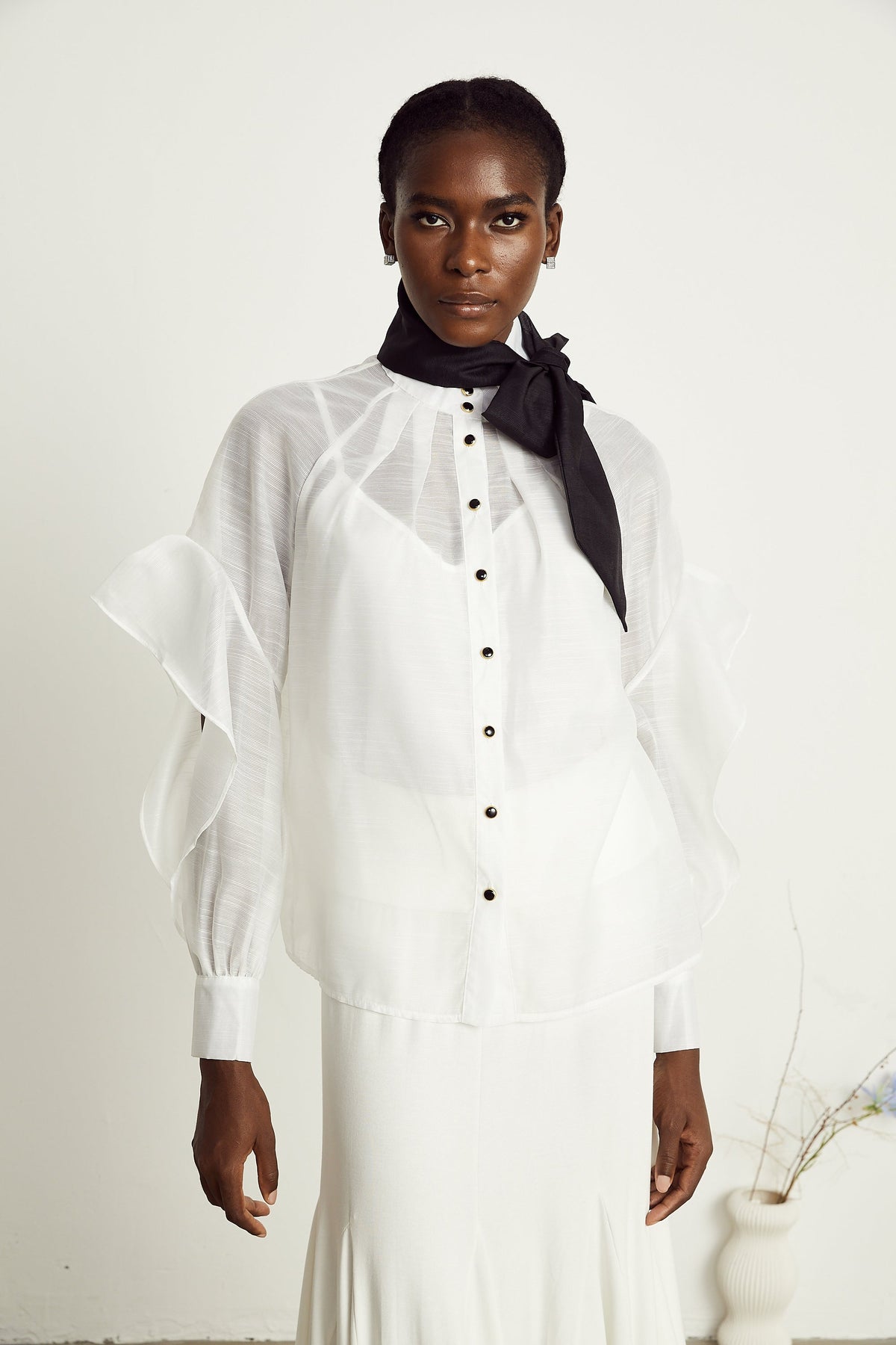 Margaux white semi-sheer ruffled bow-tie shirt