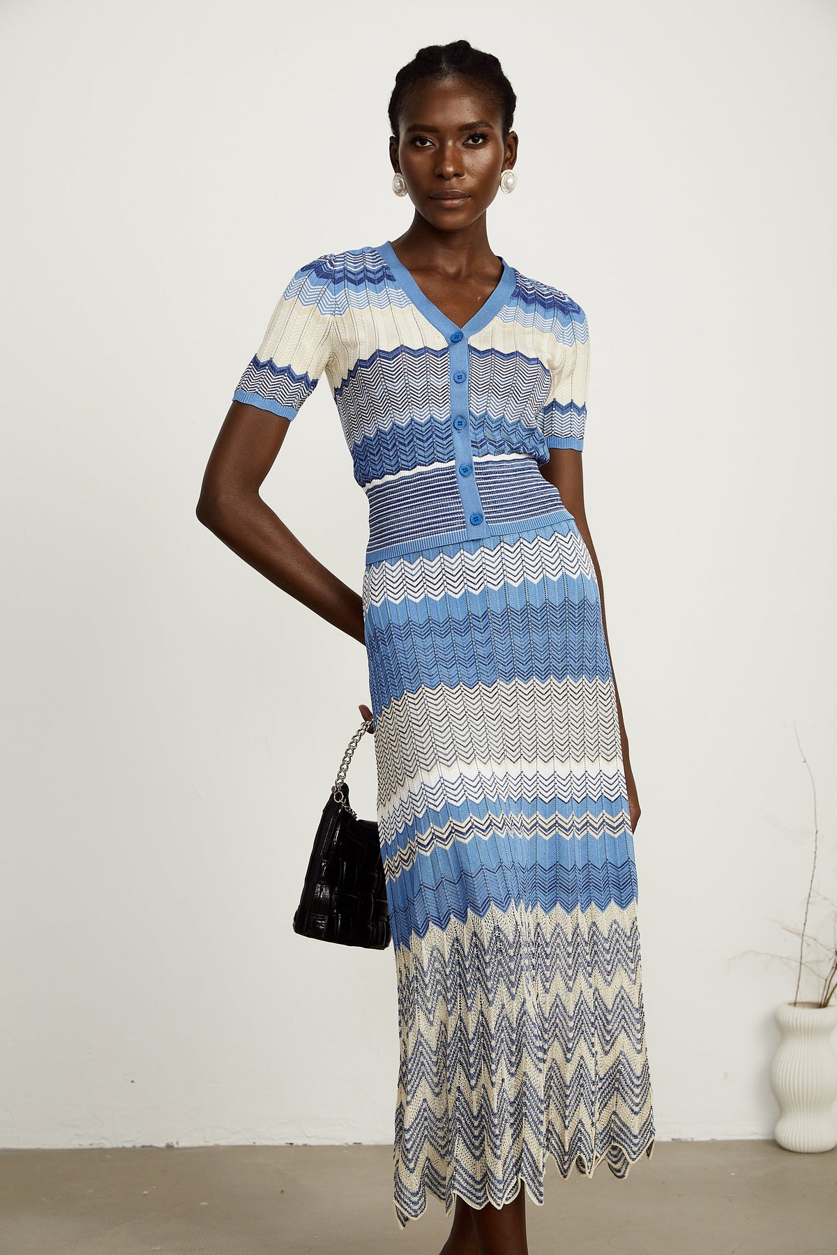 Daniela blue zigzag-design knit top & skirt matching set
