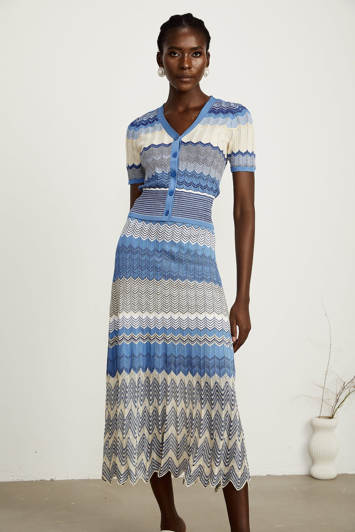 Daniela blue zigzag-design knit top & skirt matching set (Final Sale-US Only)