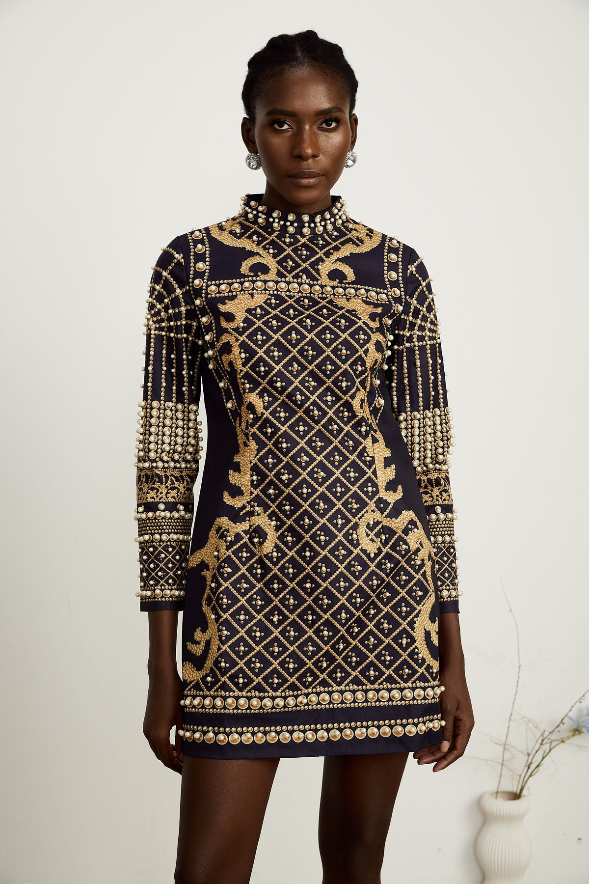 Ysabella faux-pearl long-sleeve mini dress