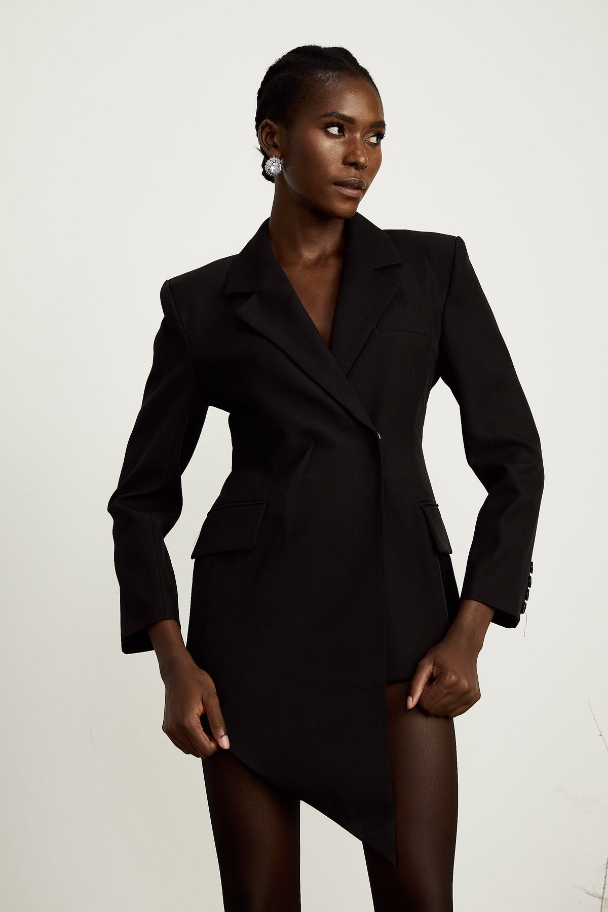 Halley black asymmetrical waist-cinching blazer