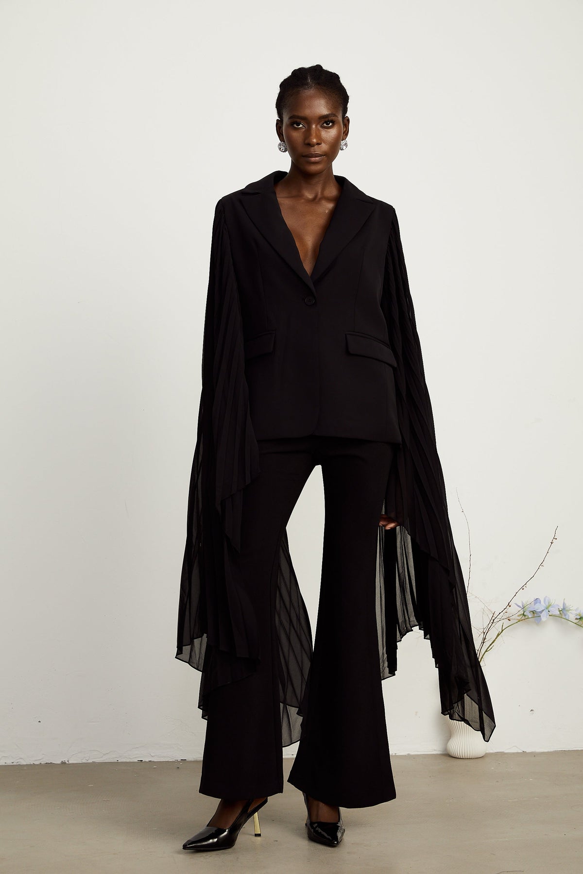 Justine black tulle-panel flared-sleeve blazer (Final Sale-US Only)