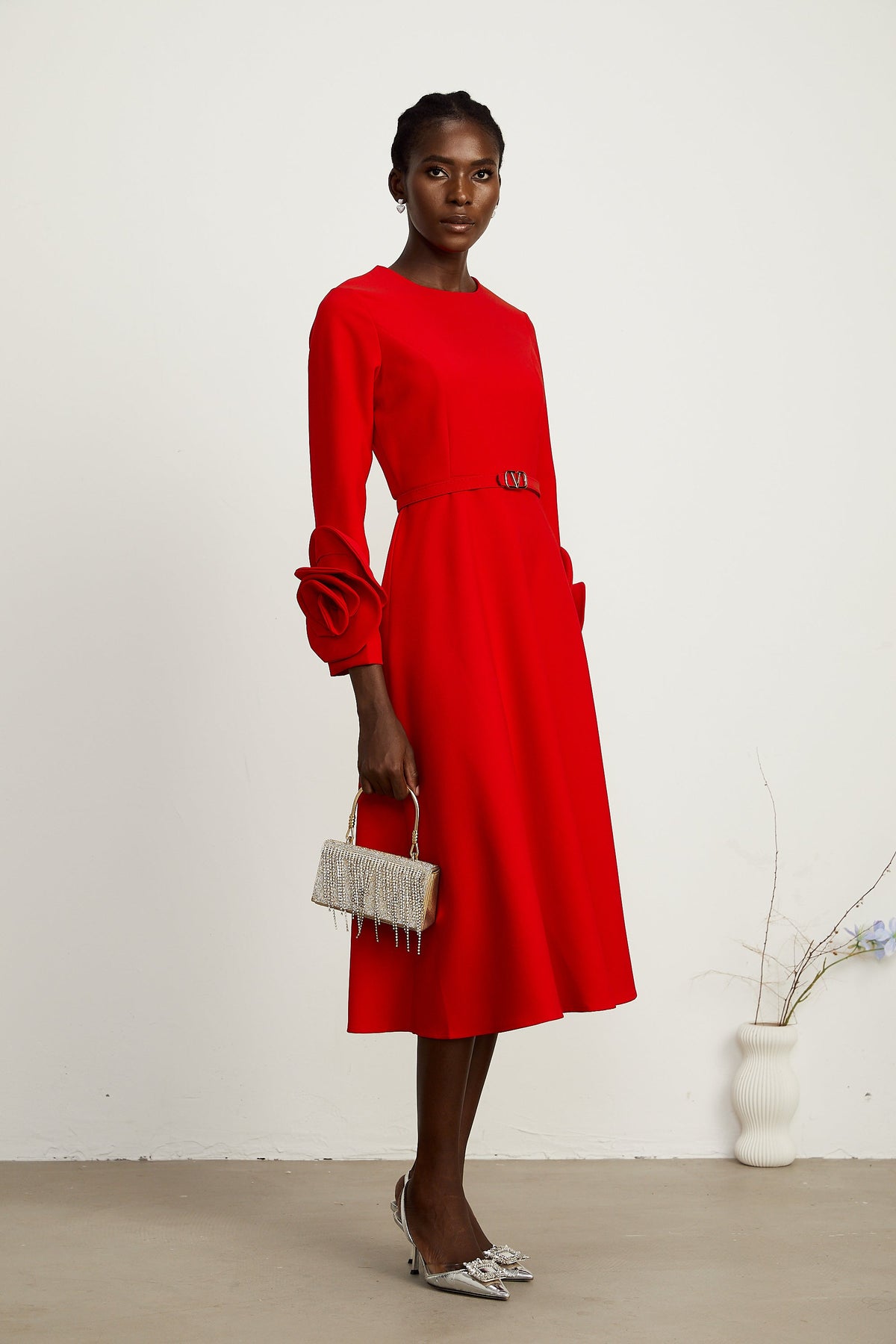 Elysia floral-embellished red long-sleeve dress