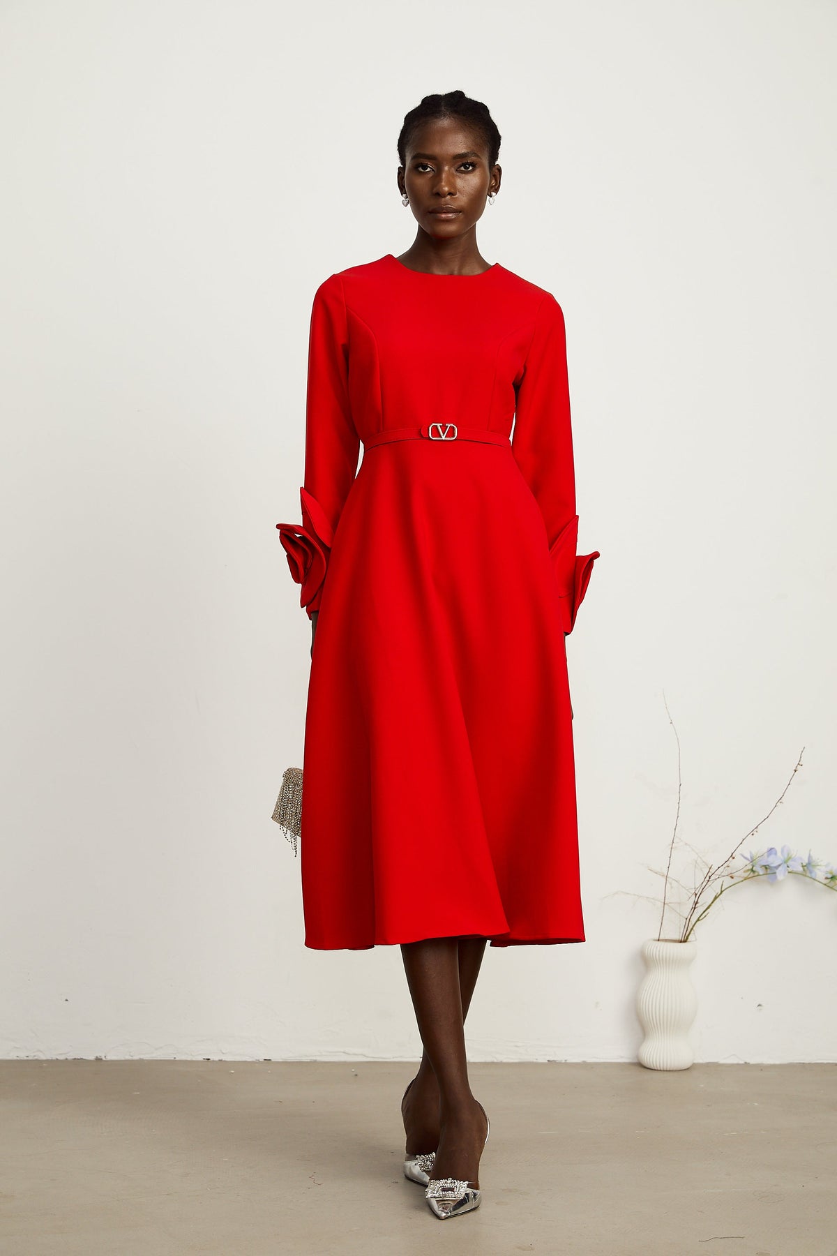 Elysia floral-embellished red long-sleeve dress